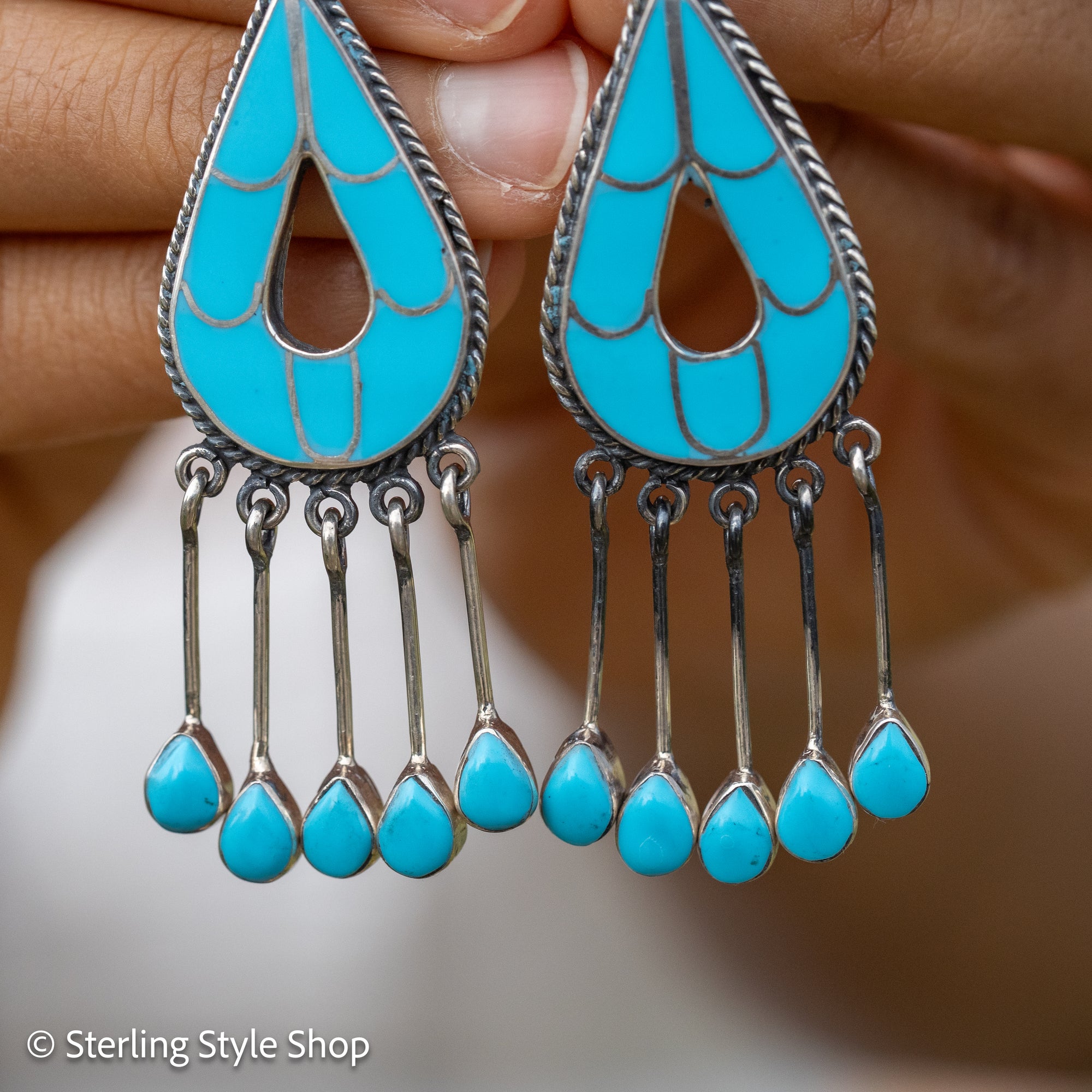 Federico Jimenez Turquoise Inlay Sterling Silver Chandelier Earrings, Signed JF, Southwestern Statement Earrings