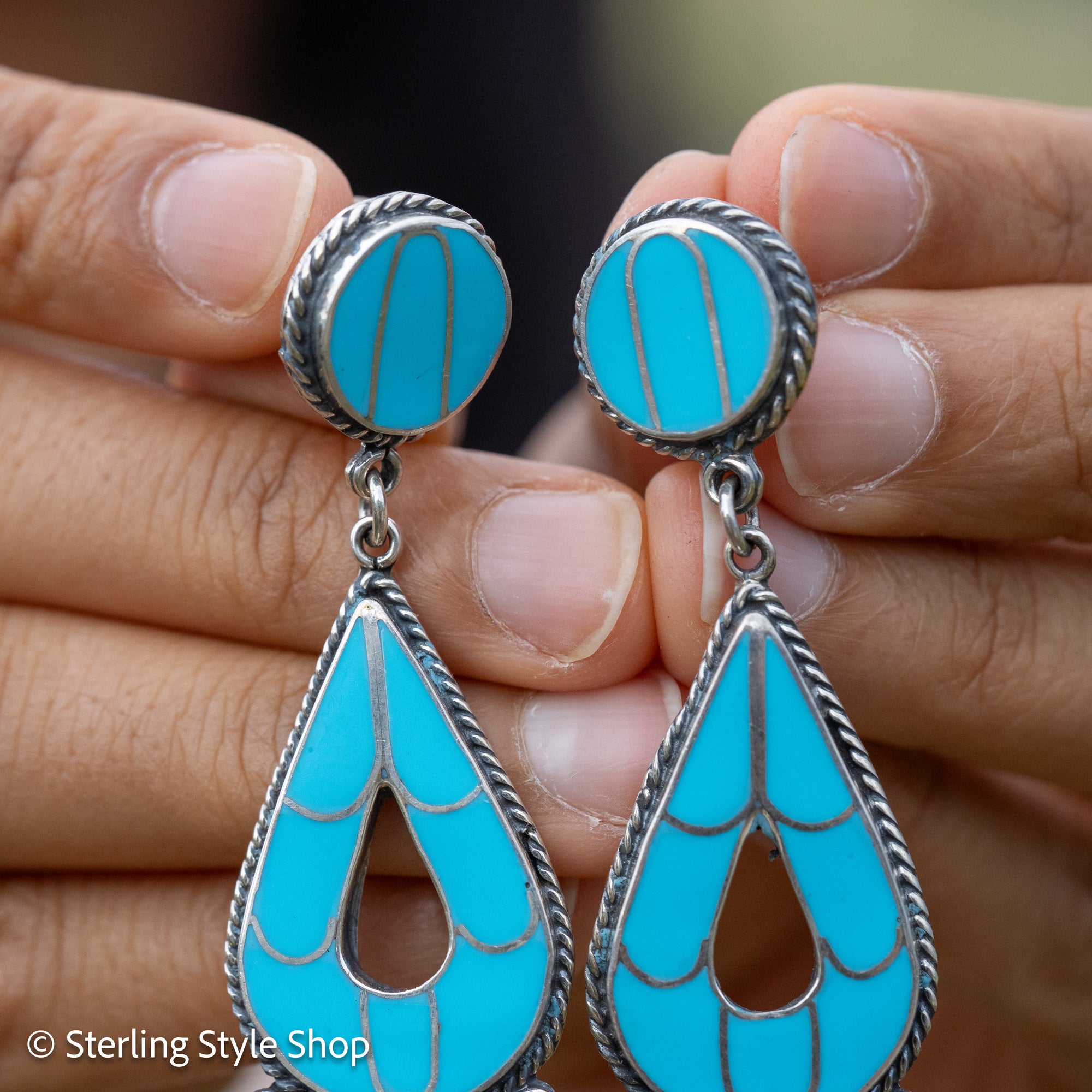 Federico Jimenez Turquoise Inlay Sterling Silver Chandelier Earrings, Signed JF, Southwestern Statement Earrings