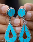 Federico Jimenez Turquoise Inlay Sterling Silver Chandelier Earrings, Signed JF, Southwestern Statement Earrings