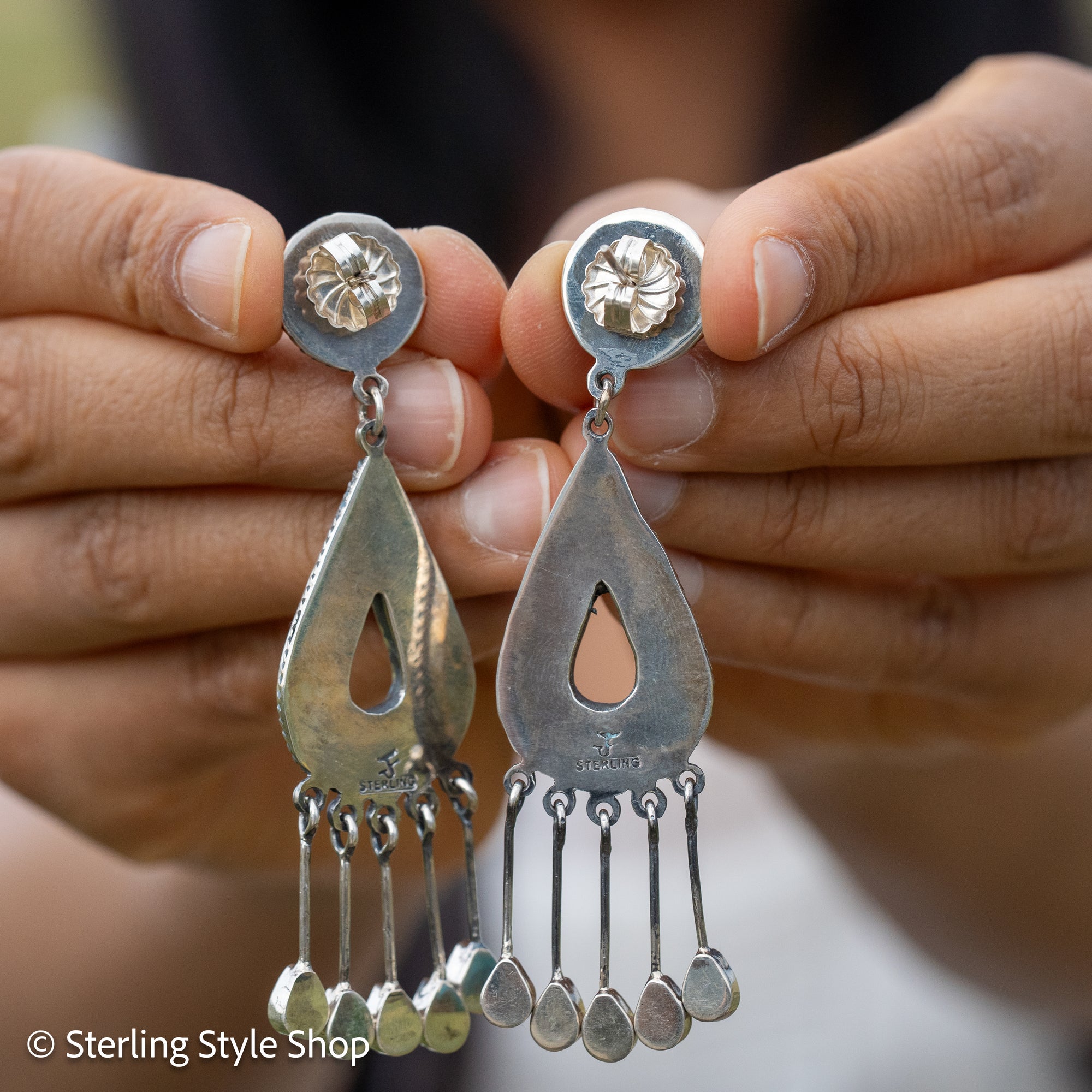 Federico Jimenez Turquoise Inlay Sterling Silver Chandelier Earrings, Signed JF, Southwestern Statement Earrings