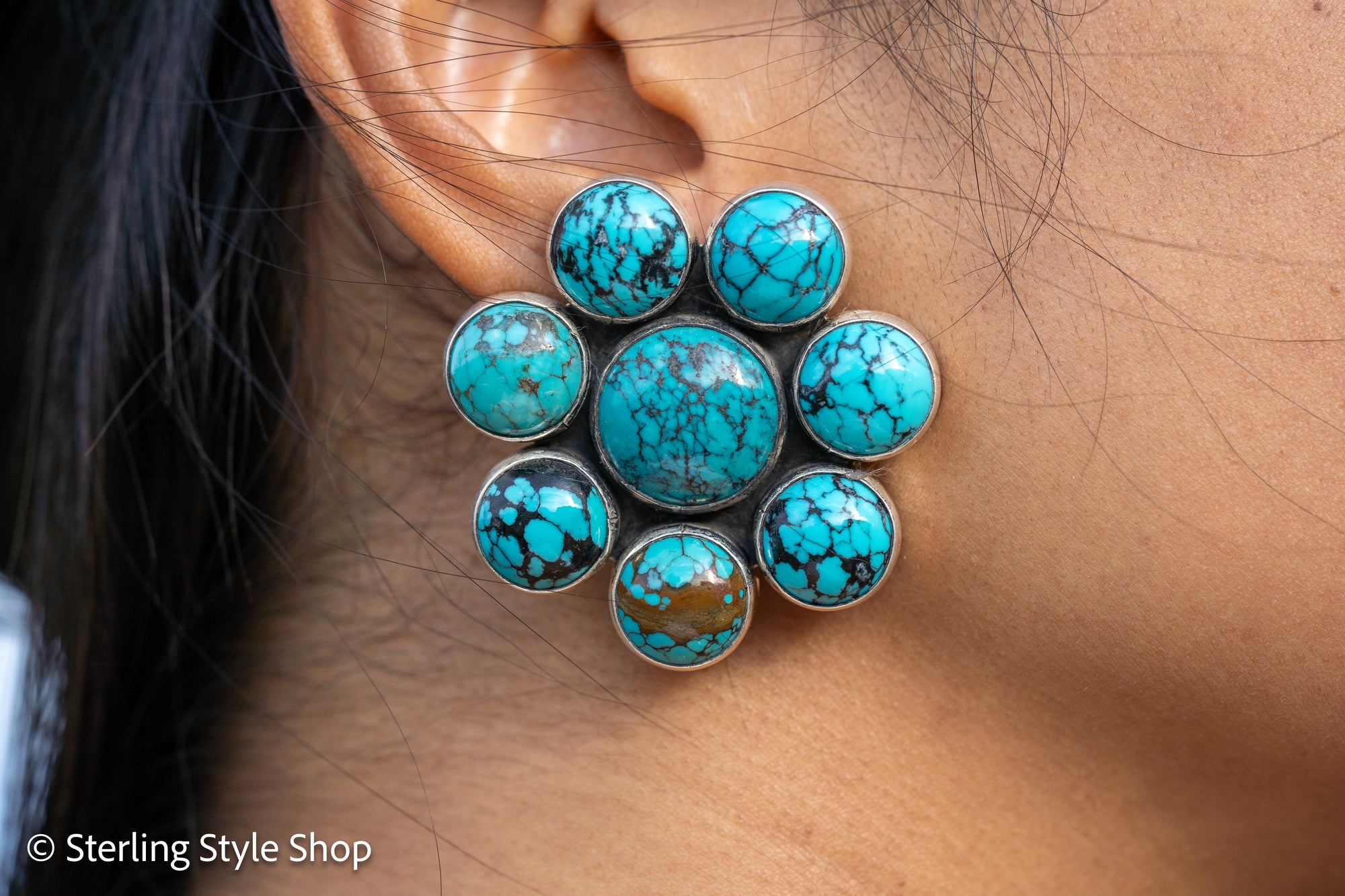 Federico Jimenez Sterling Turquoise Flower Earrings | Cluster Turquoise Earrings