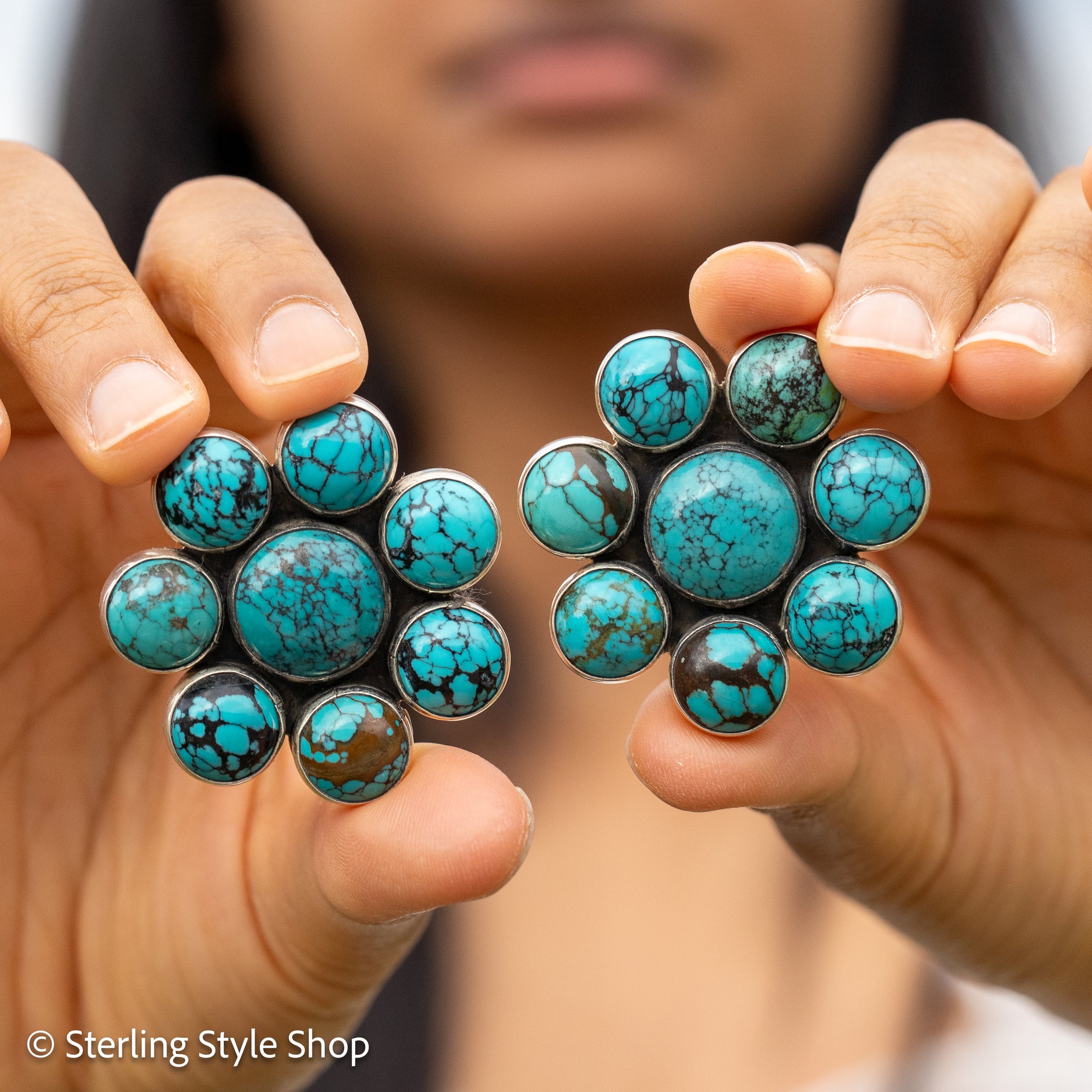 Federico Jimenez Sterling Turquoise Flower Earrings | Cluster Turquoise Earrings