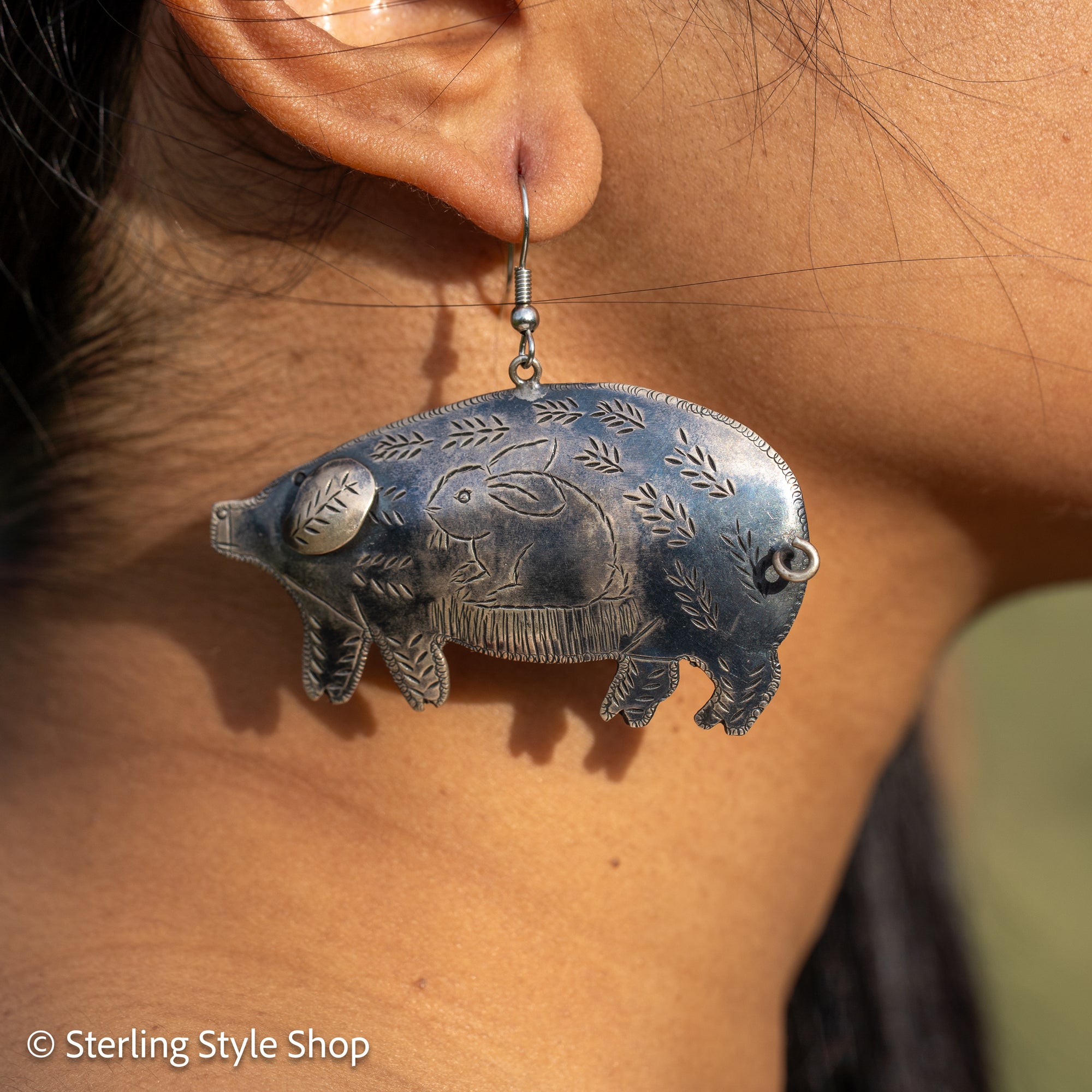 Federico Jimenez Sterling Silver Pig Earrings with Rabbit Design