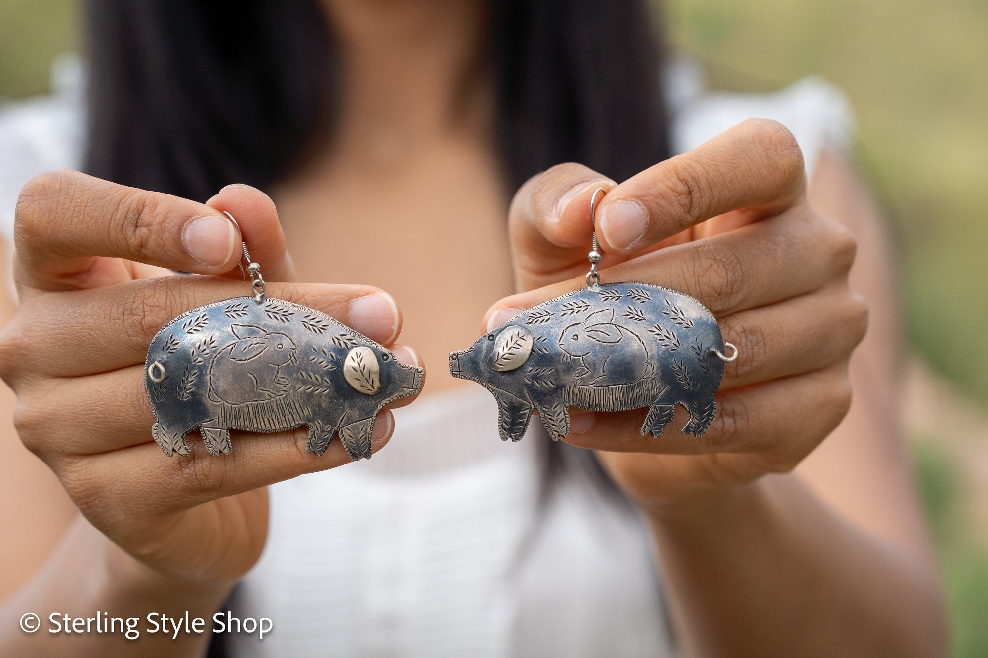 Federico Jimenez Sterling Silver Pig Earrings with Rabbit Design | Whimsical 3D Ears &amp; Tail | Signed JF