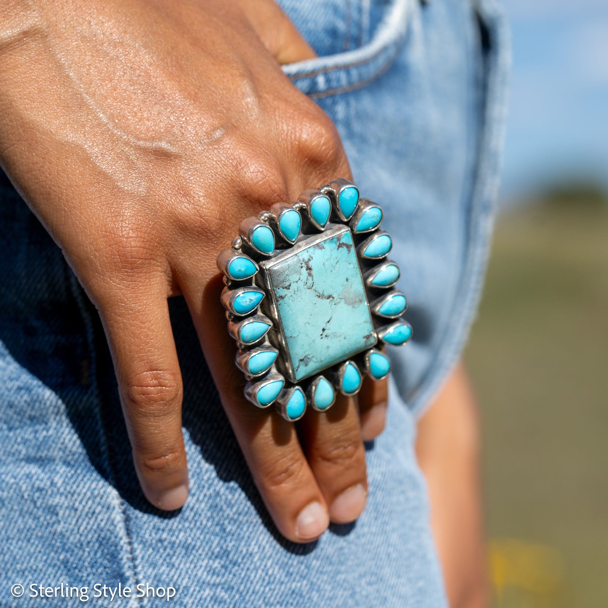 Federico Jimenez Kingman Turquoise Large Sterling Silver Statement Ring