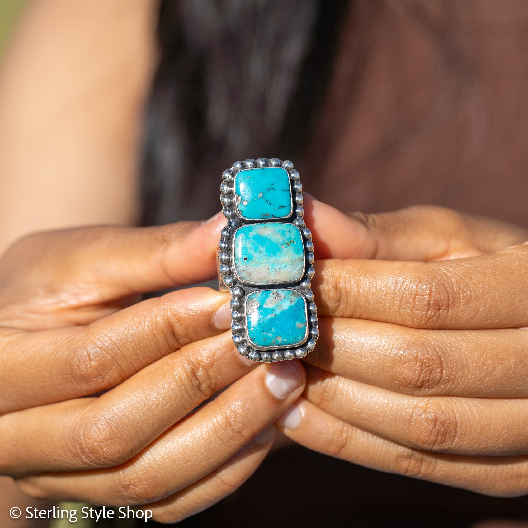 Federico Jimenez Kingman Turquoise Adjustable Ring | Sterling Silver Beaded Statement Ring
