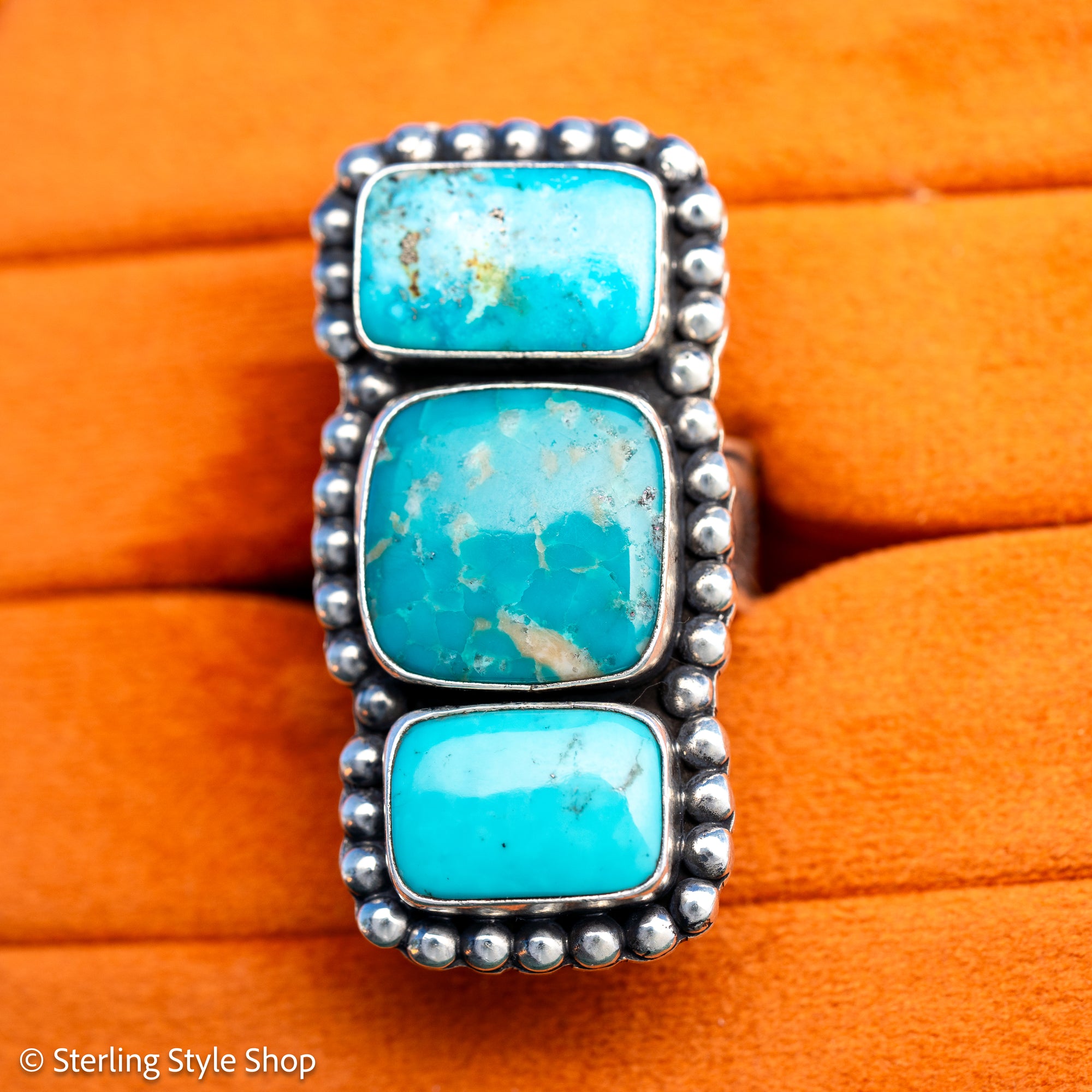 Federico Jimenez Kingman Turquoise Adjustable Ring | Sterling Silver Beaded Statement Ring