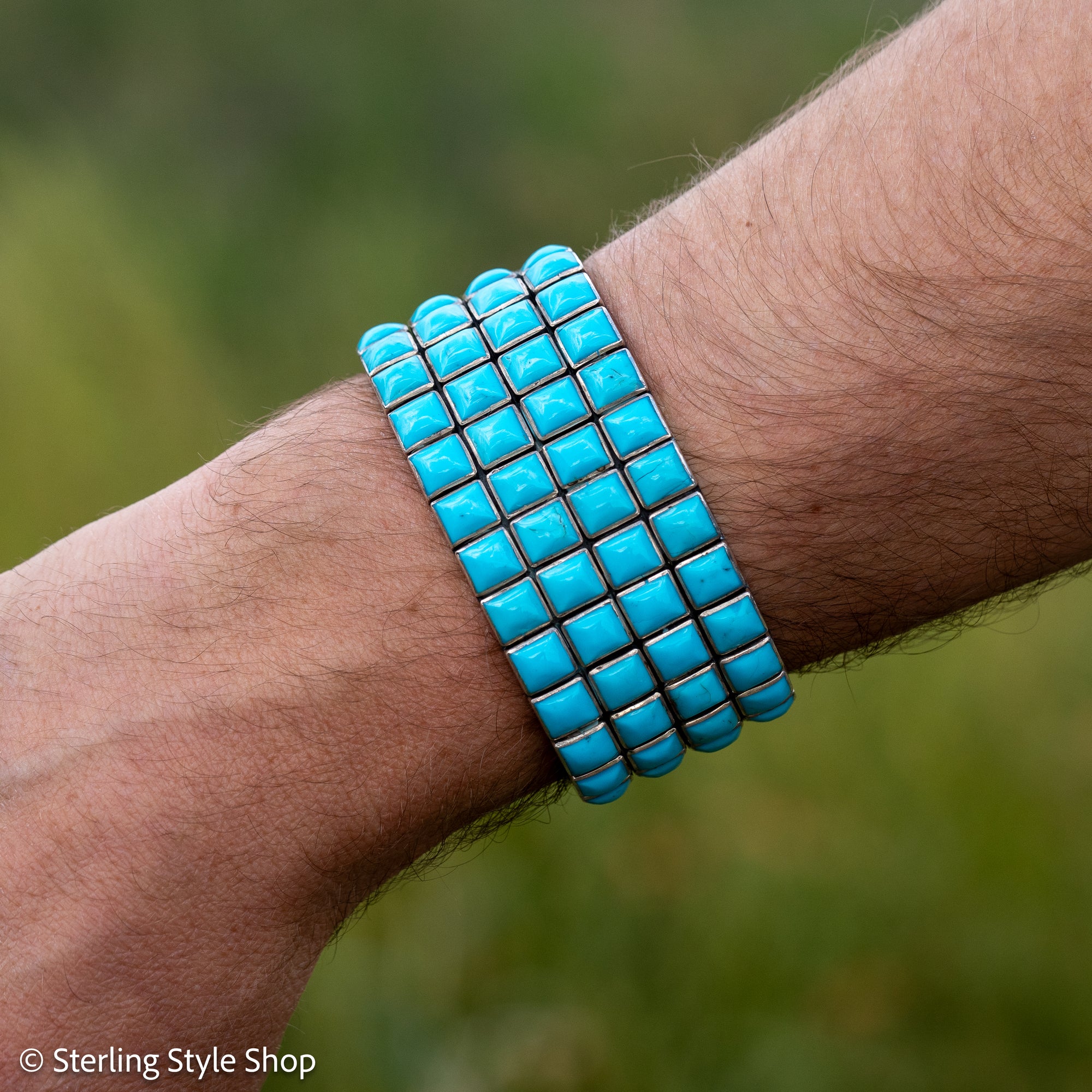 Federico Jimenez Sleeping Beauty Turquoise Cuff | 4 Row Sterling Silver Bracelet | 105g Signed Statement Cuff | 80 Stones