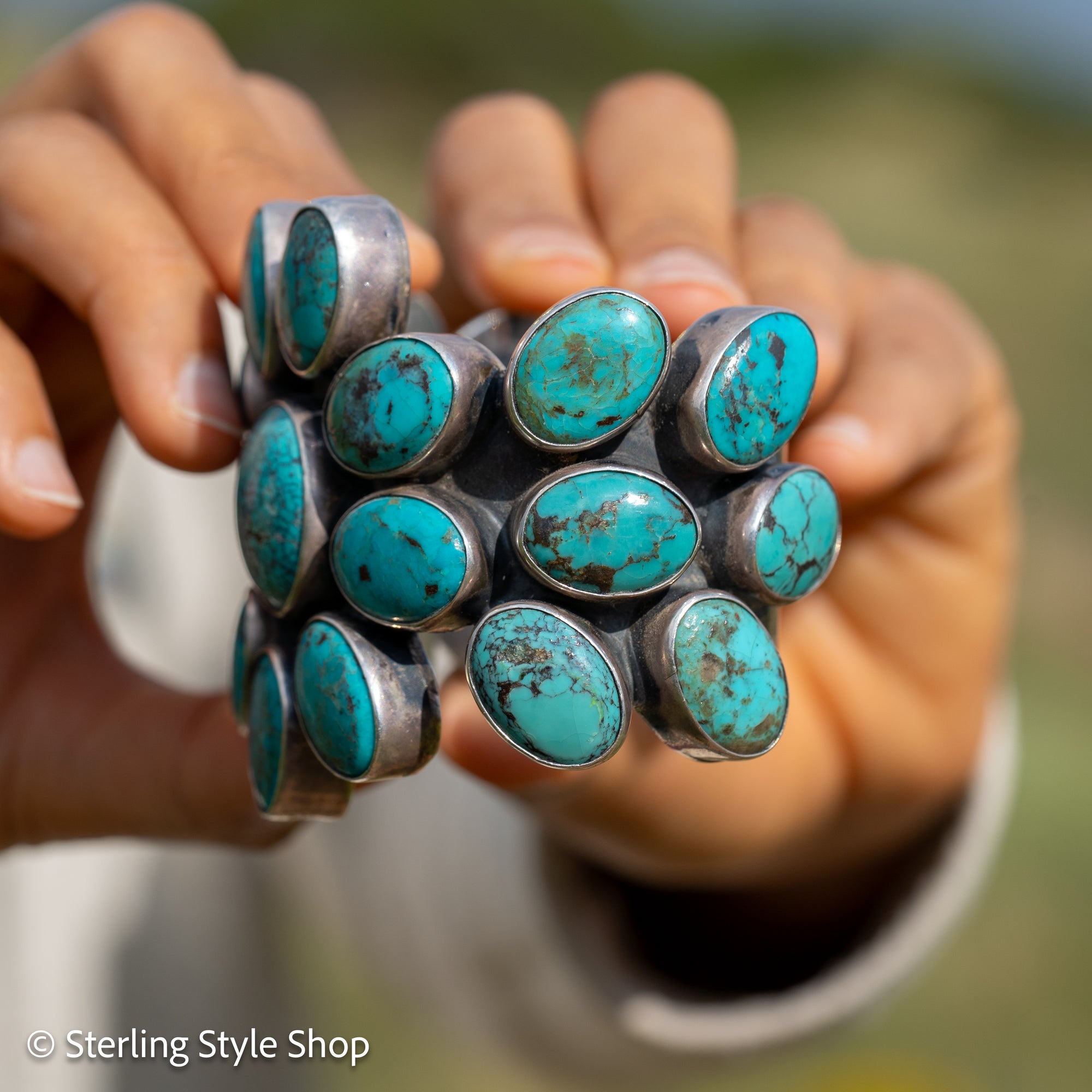 Federico Jimenez Pilot Mountain Turquoise Cuff Bracelet | Large Sterling Silver Flower Cluster  Cuff