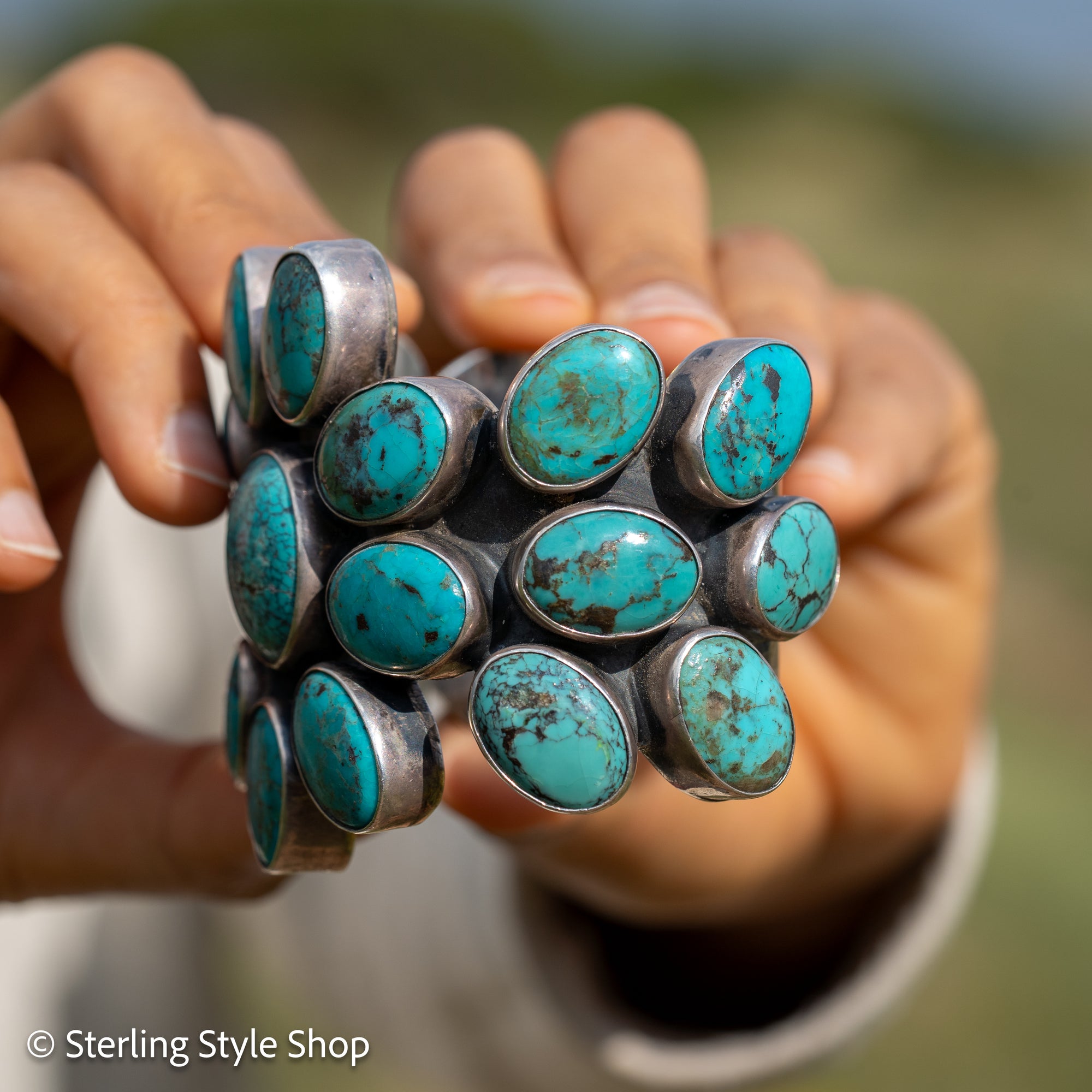 Federico Jimenez Pilot Mountain Turquoise Cuff Bracelet | Large Sterling Silver Flower Cluster  Cuff