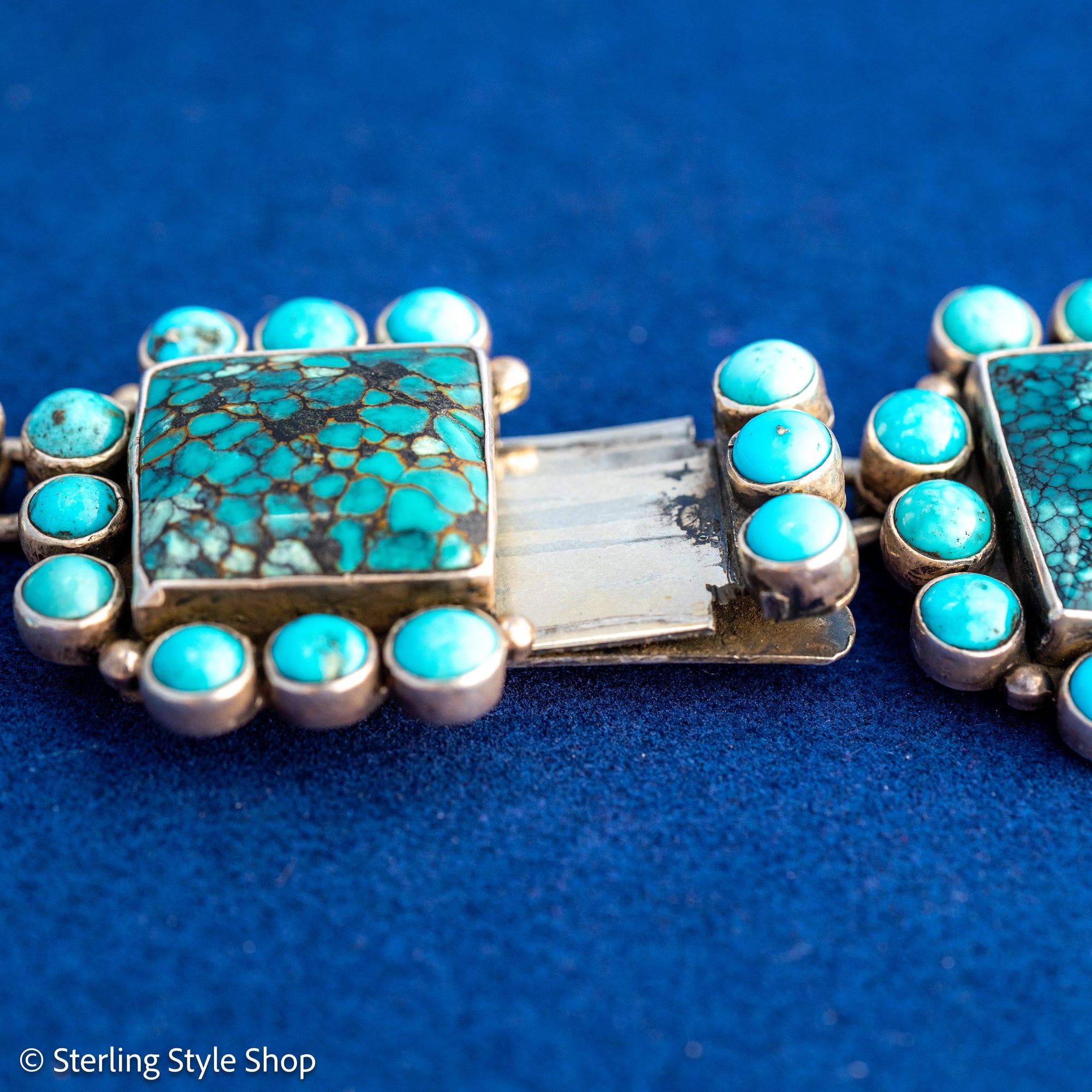 Vintage Federico Jimenez Sleeping Beauty Turquoise Cleopatra Necklace | Museum-Quality Navajo Handmade Sterling Silver Statement Necklace | Hidden Clasp Design