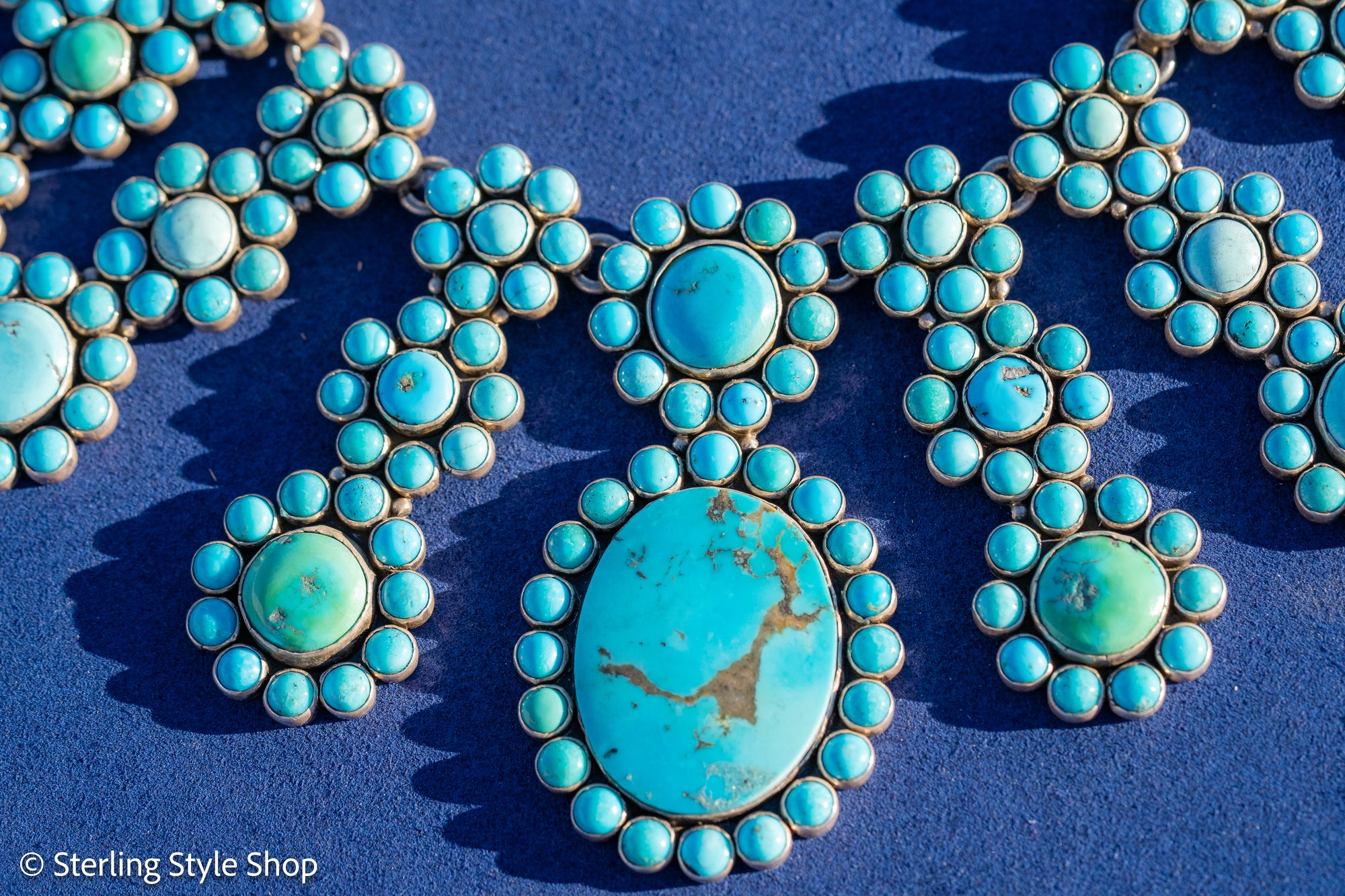 Vintage Federico Jimenez Sleeping Beauty Turquoise Cleopatra Necklace | Museum-Quality Navajo Handmade Sterling Silver Statement Necklace | Hidden Clasp Design