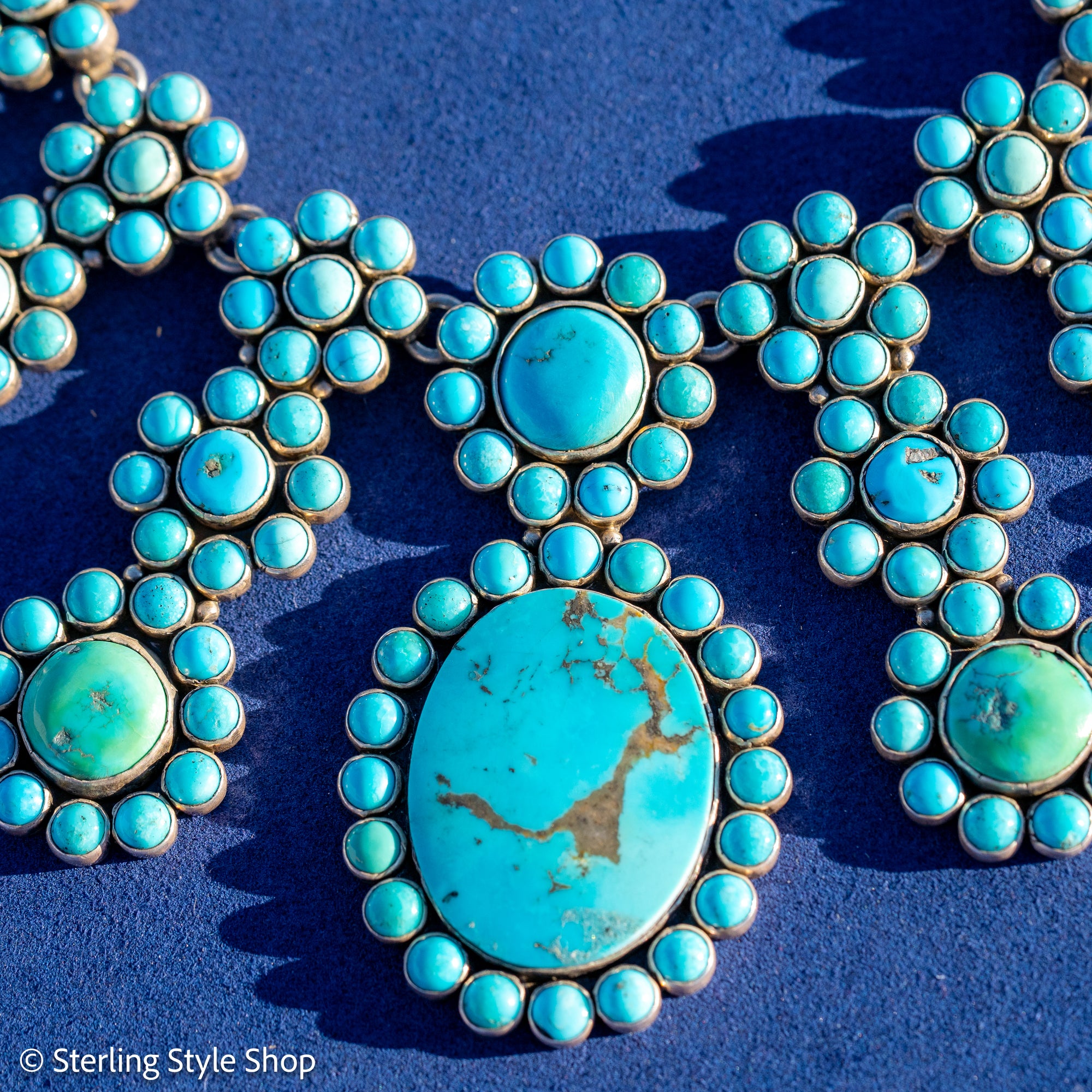 Vintage Federico Jimenez Sleeping Beauty Turquoise Cleopatra Necklace | Museum-Quality Navajo Handmade Sterling Silver Statement Necklace | Hidden Clasp Design