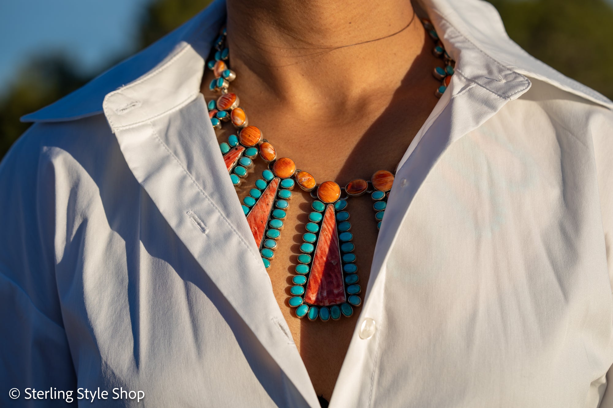 Federico Jimenez Cleopatra Necklace, Spiny Oyster &amp; Sleeping Beauty Turquoise, Sterling silver, 19 Inches