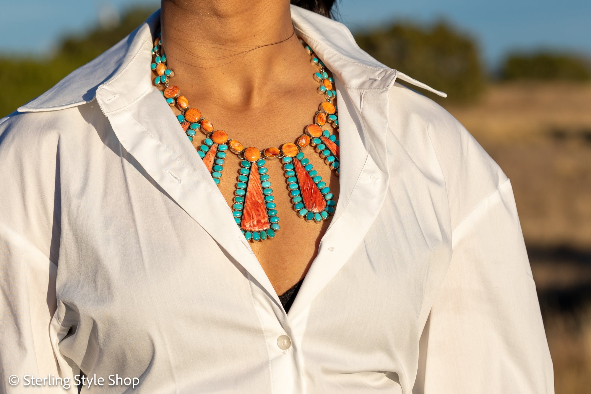 Federico Jimenez Cleopatra Necklace, Spiny Oyster &amp; Sleeping Beauty Turquoise, Sterling silver, 19 Inches