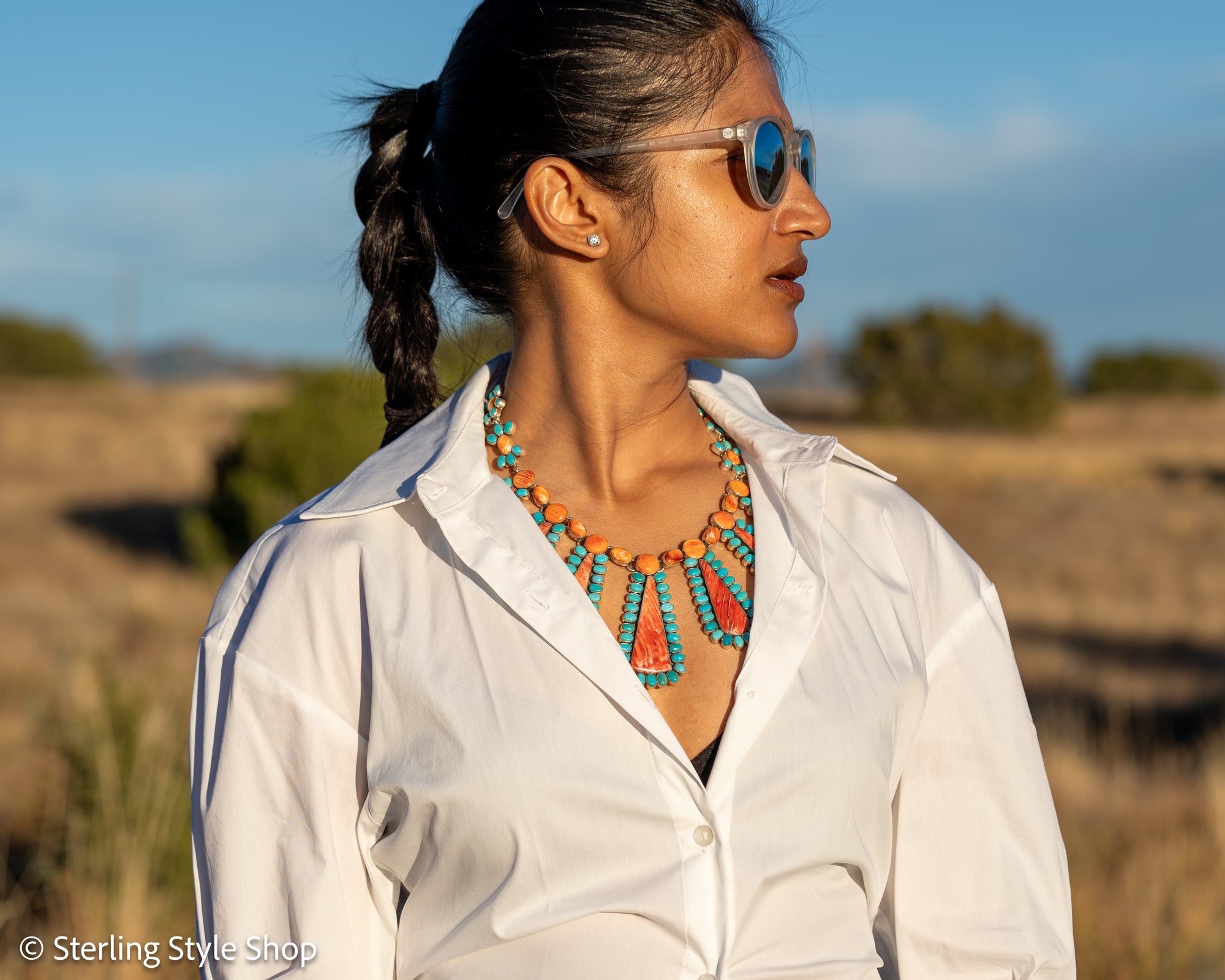 Federico Jimenez Cleopatra Necklace, Spiny Oyster &amp; Sleeping Beauty Turquoise, Sterling silver, 19 Inches