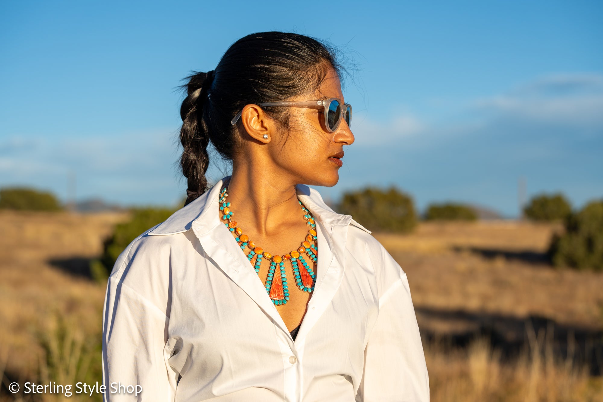 Federico Jimenez Cleopatra Necklace, Spiny Oyster &amp; Sleeping Beauty Turquoise, Sterling silver, 19 Inches