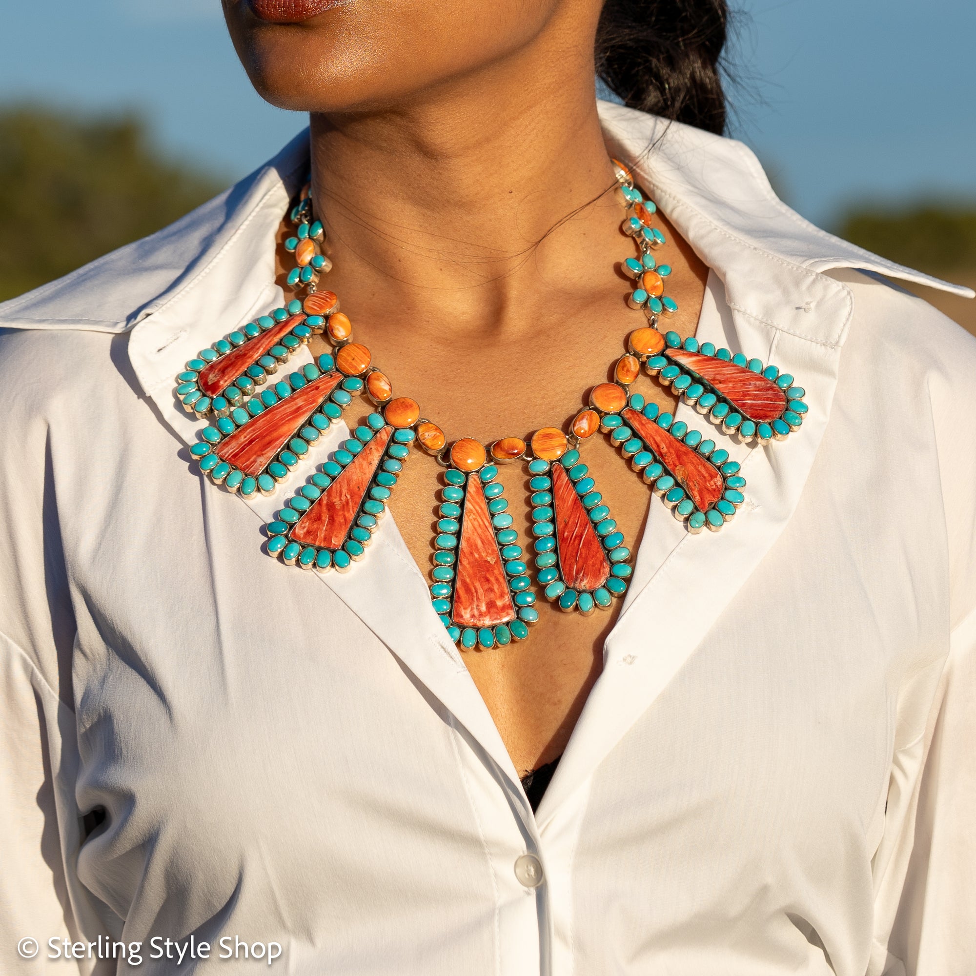 Federico Jimenez Cleopatra Necklace, Spiny Oyster &amp; Sleeping Beauty Turquoise, Sterling silver, 19 Inches