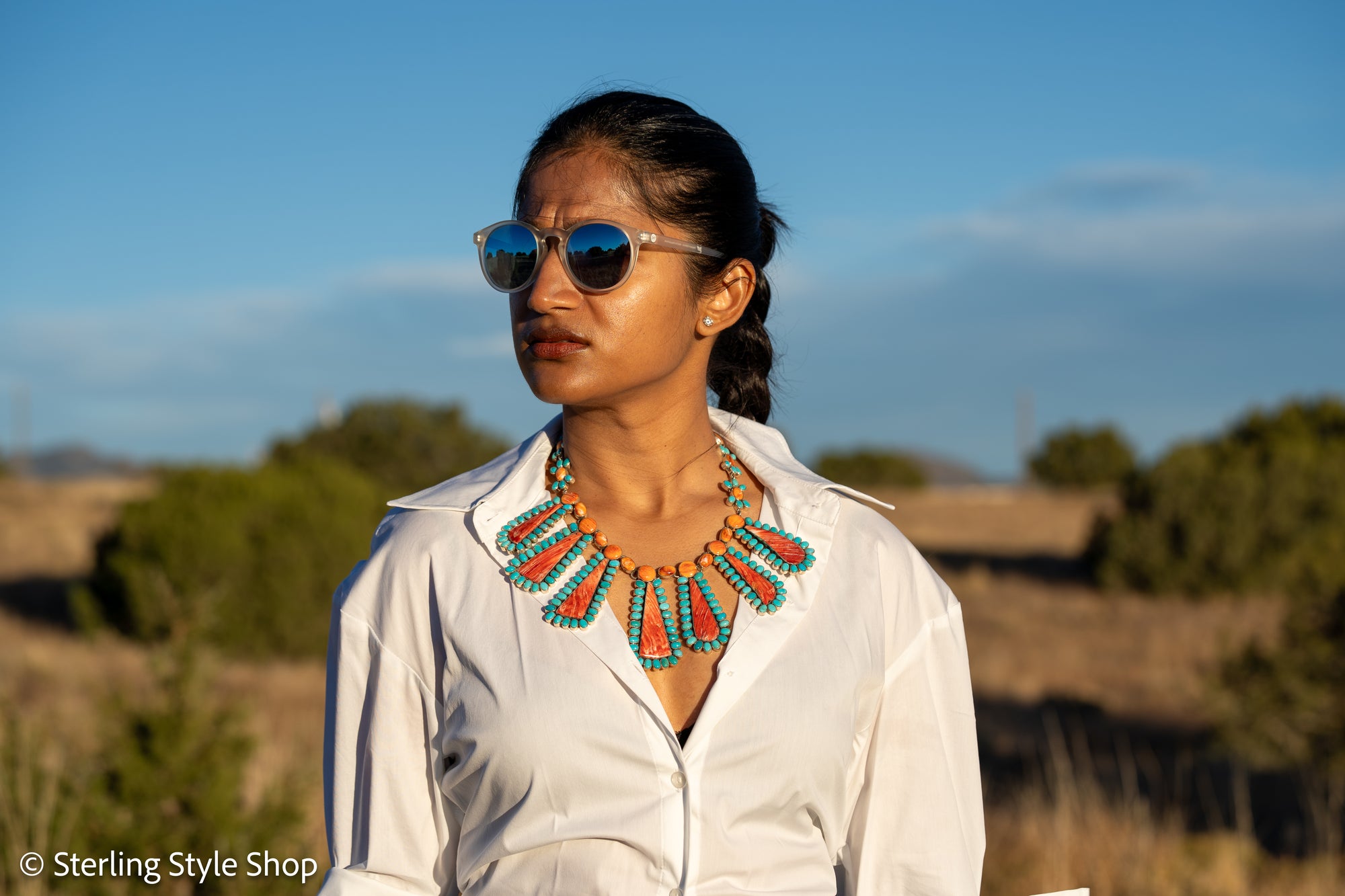 Federico Jimenez Cleopatra Necklace, Spiny Oyster &amp; Sleeping Beauty Turquoise, Sterling silver, 19 Inches