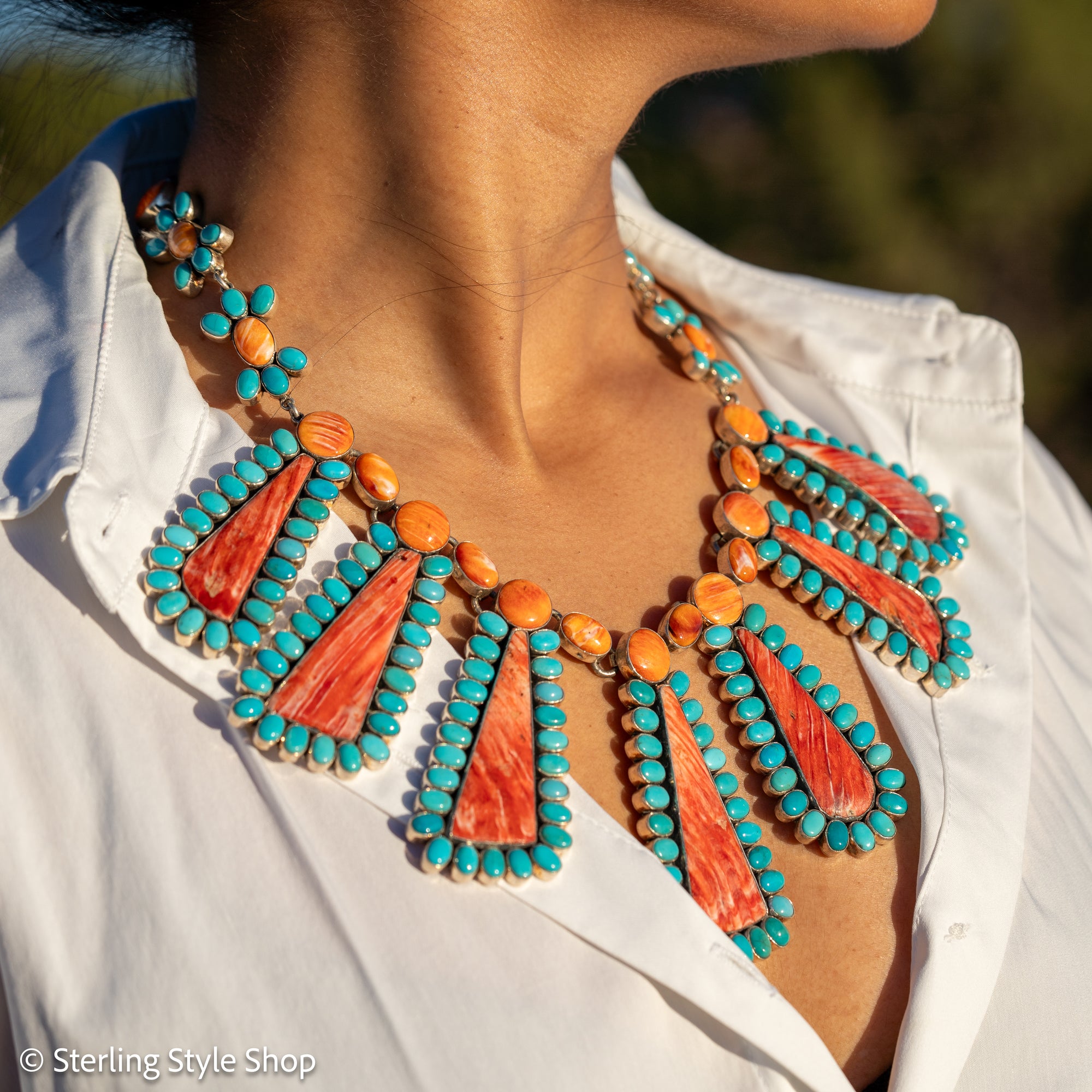 Federico Jimenez Cleopatra Necklace, Spiny Oyster &amp; Sleeping Beauty Turquoise, Sterling silver, 19 Inches