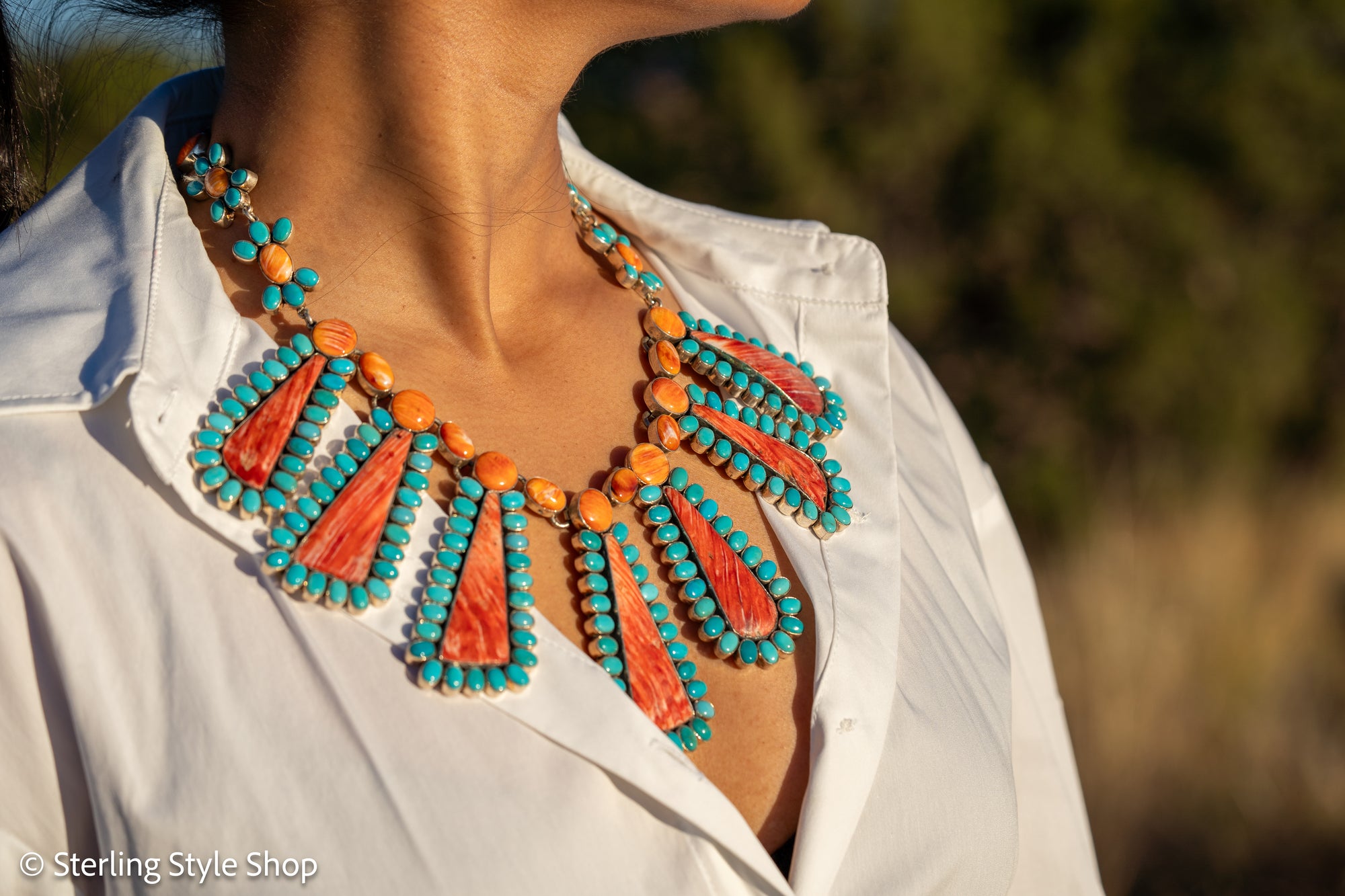 Federico Jimenez Cleopatra Necklace, Spiny Oyster &amp; Sleeping Beauty Turquoise, Sterling silver, 19 Inches