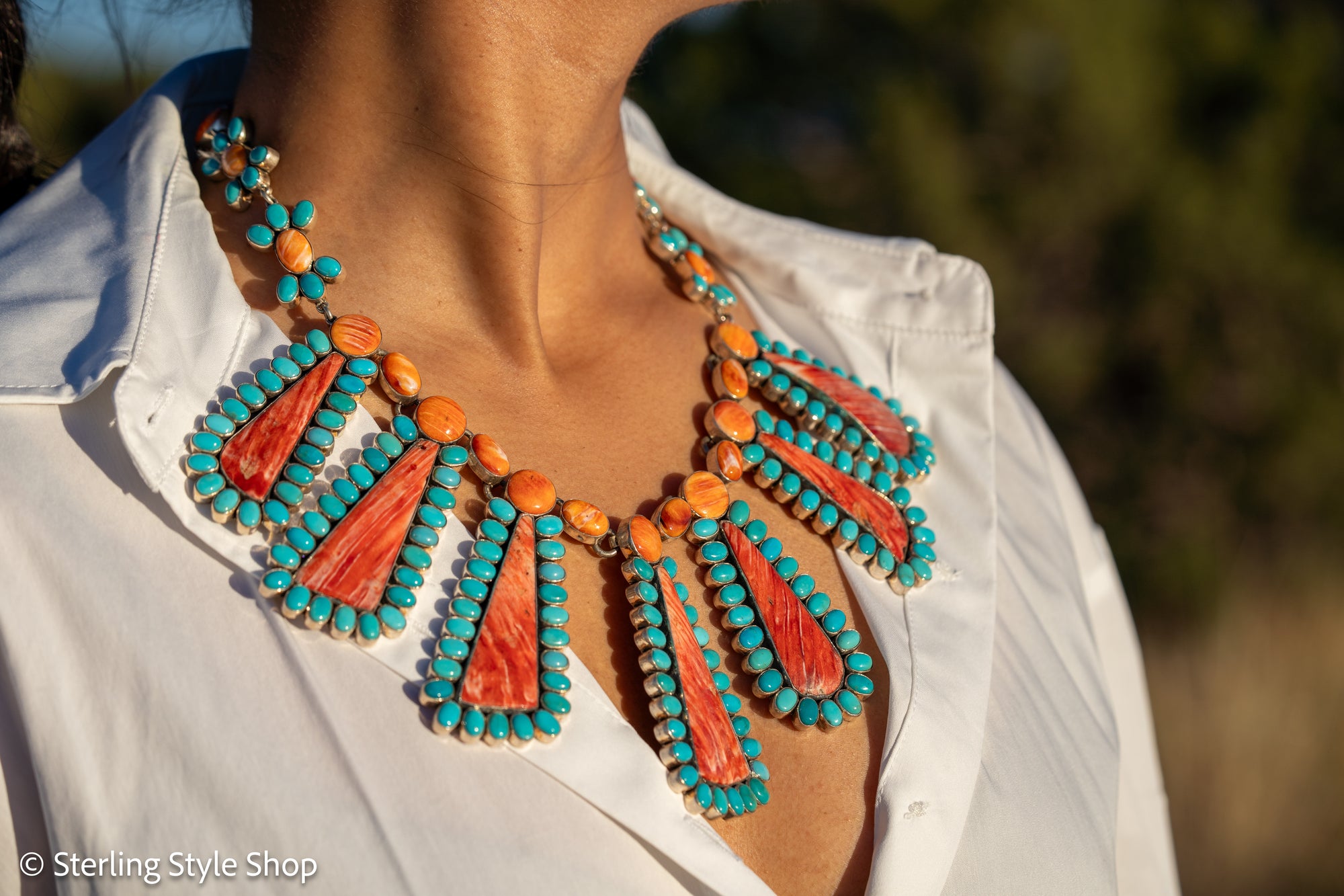 Federico Jimenez Cleopatra Necklace, Spiny Oyster &amp; Sleeping Beauty Turquoise, Sterling silver, 19 Inches