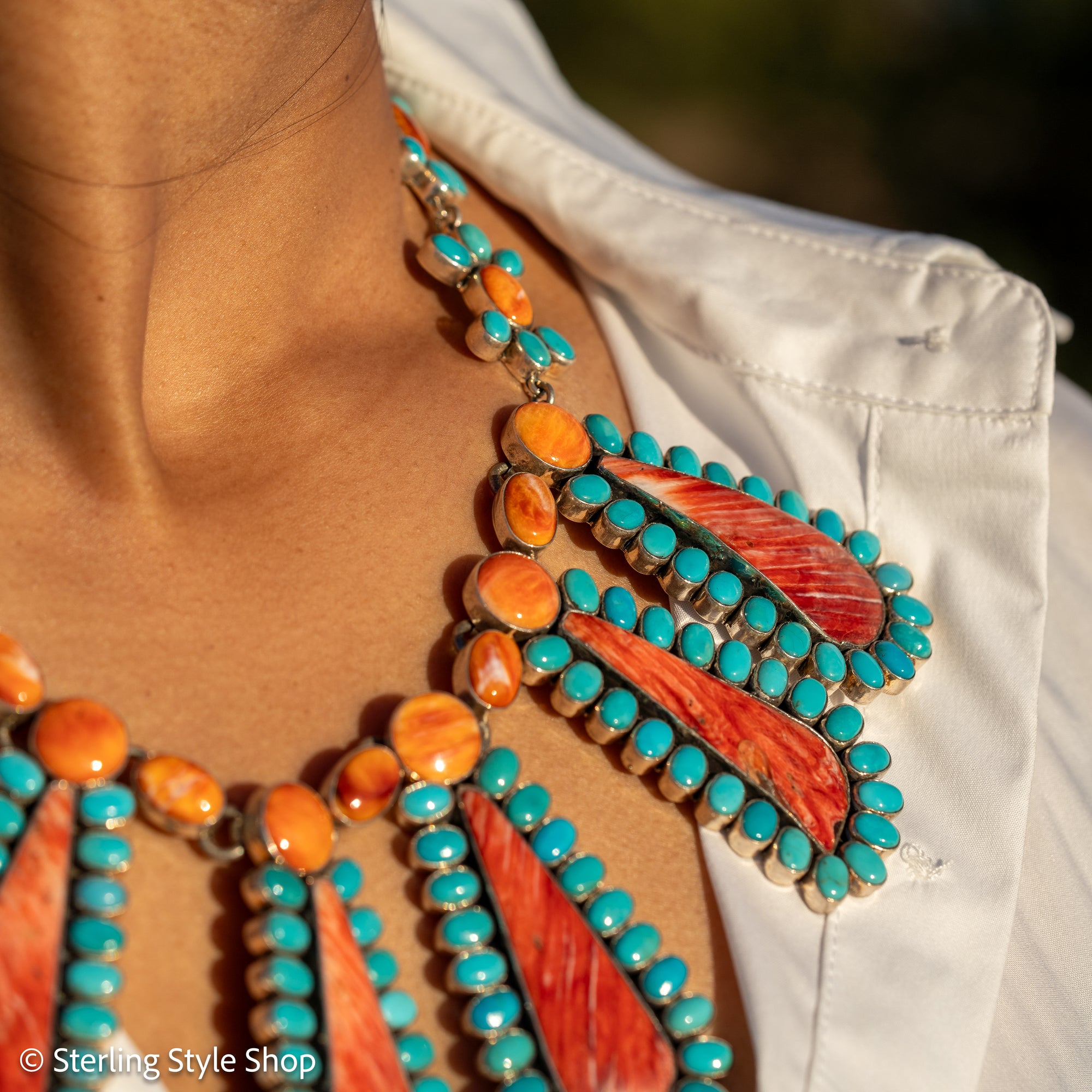 Federico Jimenez Cleopatra Necklace, Spiny Oyster &amp; Sleeping Beauty Turquoise, Sterling silver, 19 Inches