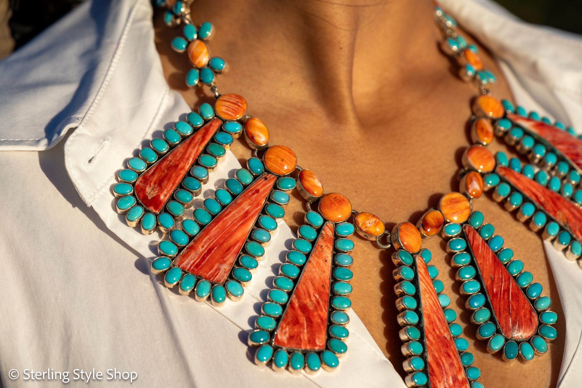 Federico Jimenez Cleopatra Necklace, Spiny Oyster &amp; Sleeping Beauty Turquoise, Sterling silver, 19 Inches