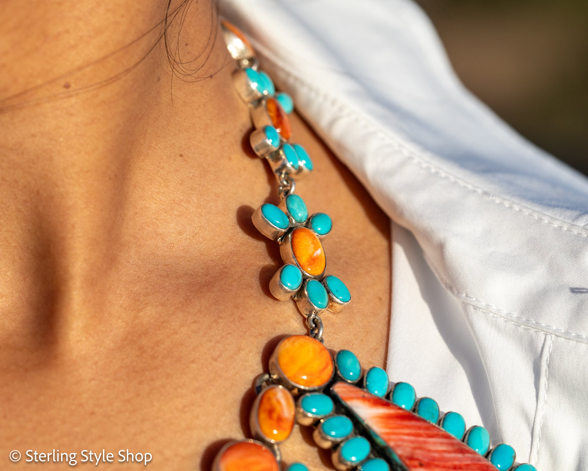 Federico Jimenez Cleopatra Necklace, Spiny Oyster &amp; Sleeping Beauty Turquoise, Sterling silver, 19 Inches