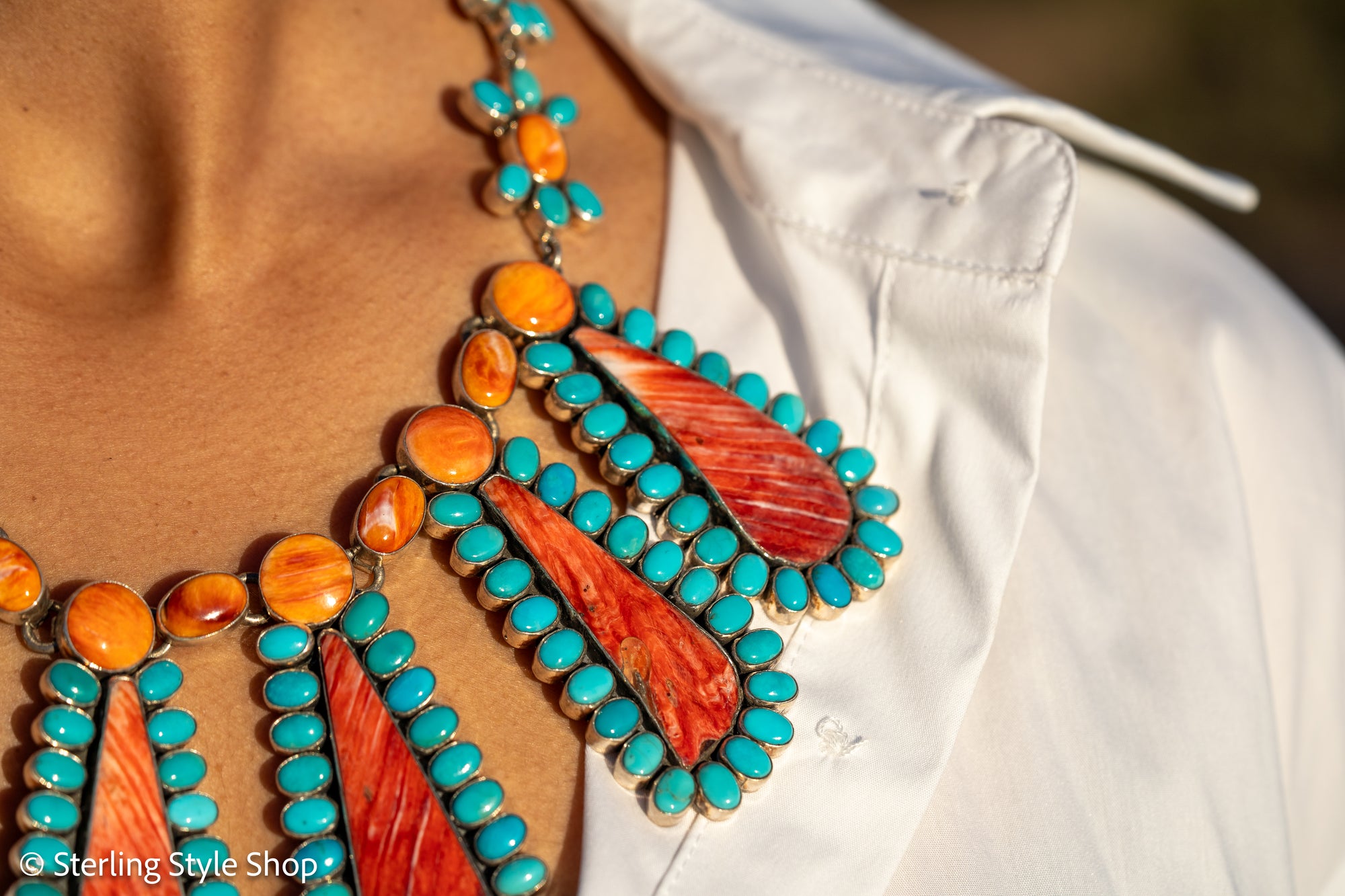 Federico Jimenez Cleopatra Necklace, Spiny Oyster &amp; Sleeping Beauty Turquoise, Sterling silver, 19 Inches