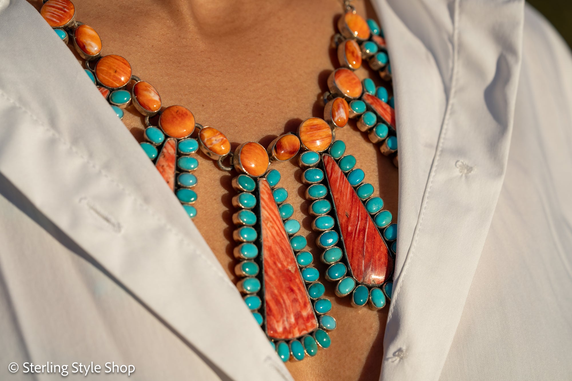 Federico Jimenez Cleopatra Necklace, Spiny Oyster &amp; Sleeping Beauty Turquoise, Sterling silver, 19 Inches