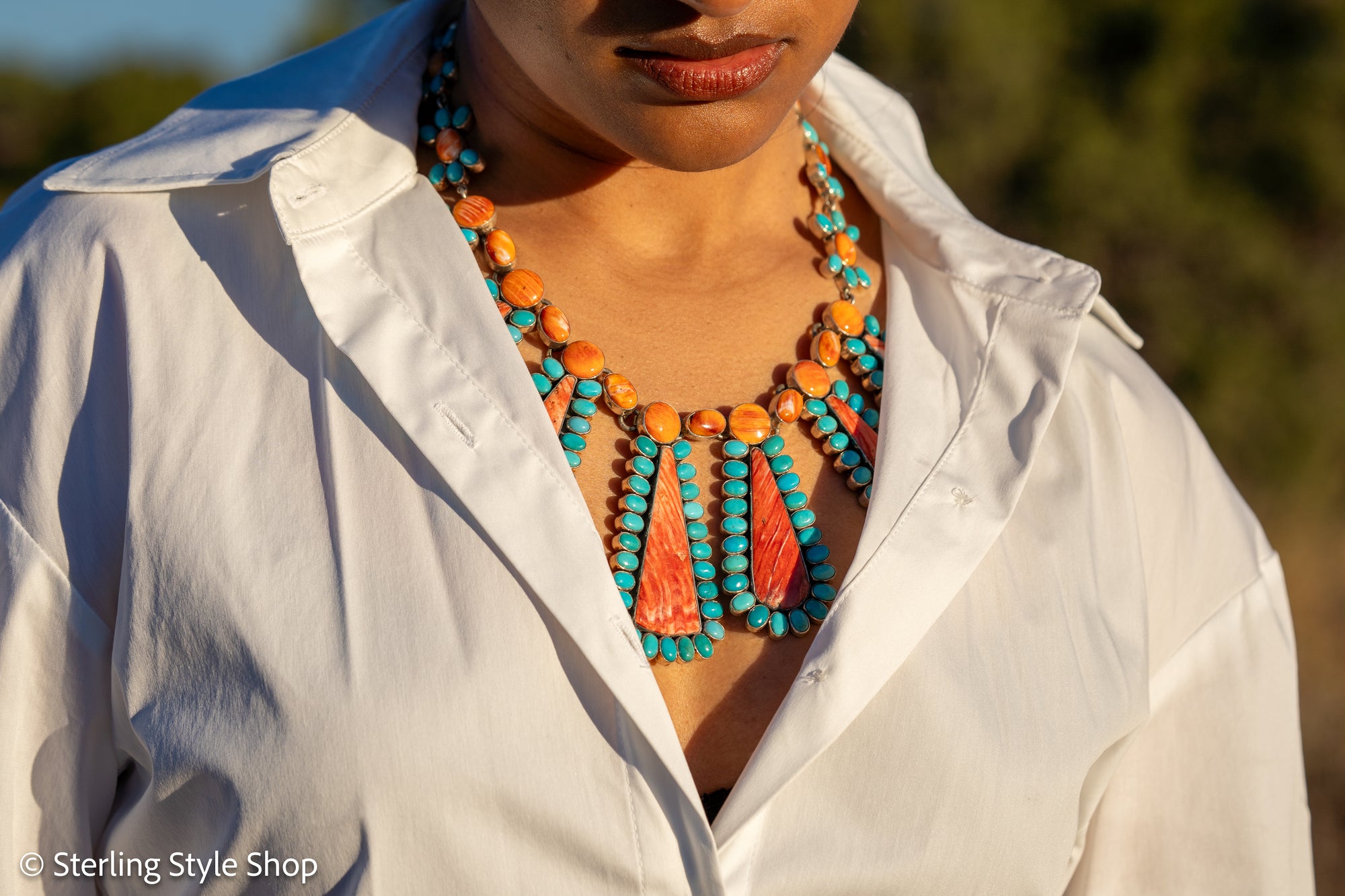 Federico Jimenez Cleopatra Necklace, Spiny Oyster &amp; Sleeping Beauty Turquoise, Sterling silver, 19 Inches