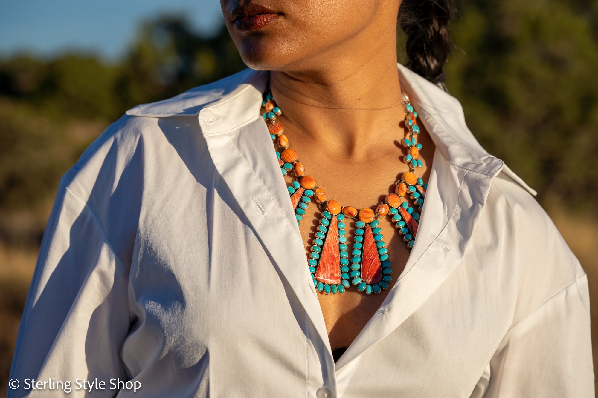 Federico Jimenez Cleopatra Necklace, Spiny Oyster &amp; Sleeping Beauty Turquoise, Sterling silver, 19 Inches