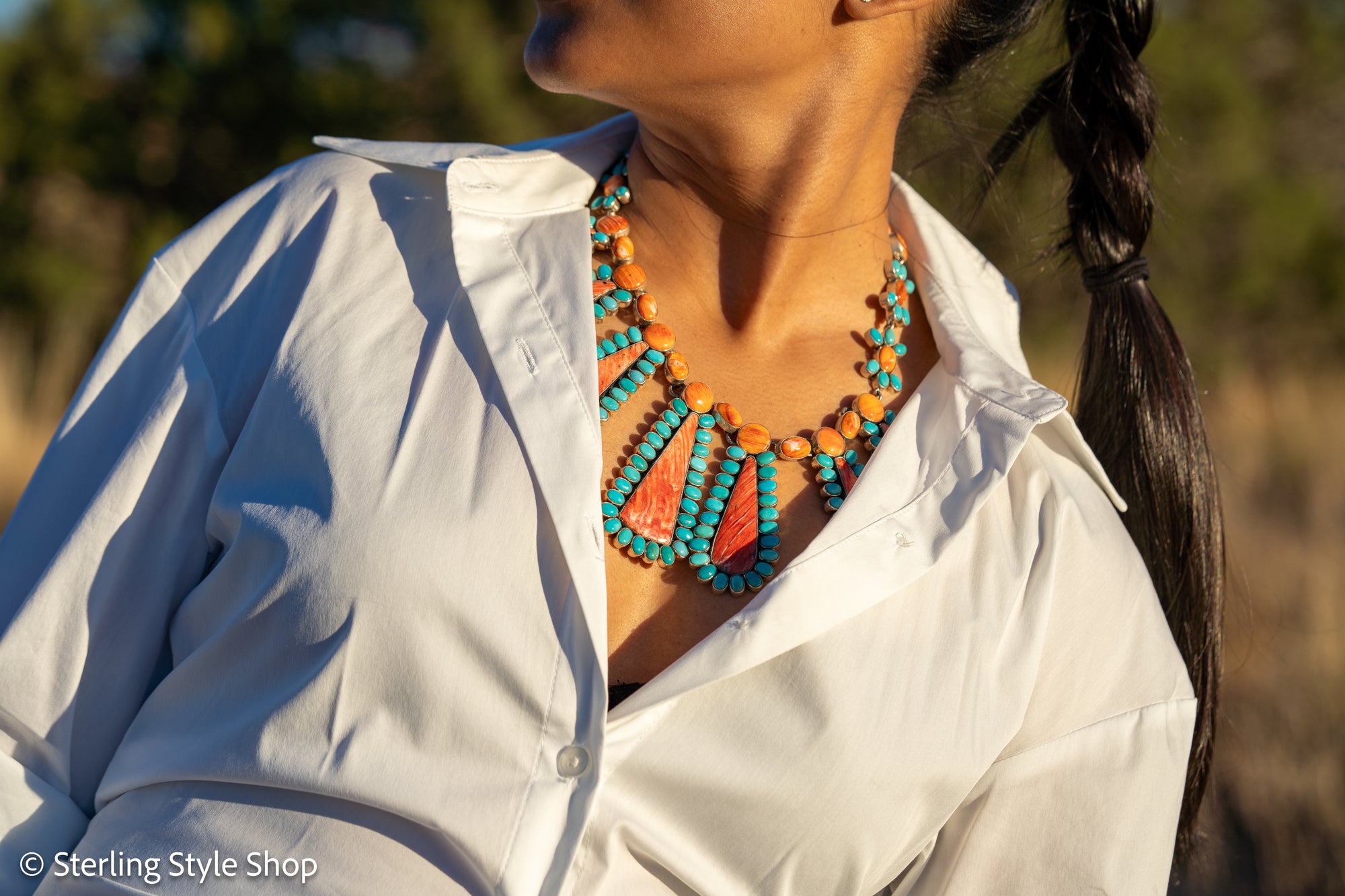 Federico Jimenez Cleopatra Necklace, Spiny Oyster &amp; Sleeping Beauty Turquoise, Sterling silver, 19 Inches