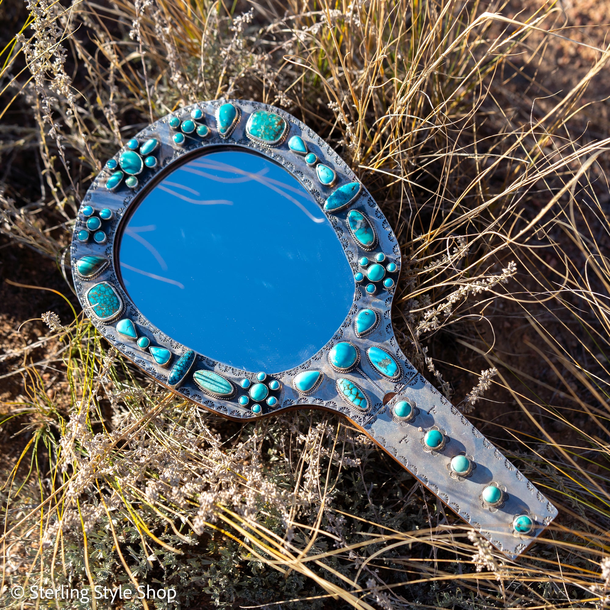 Federico Jimenez Sterling Silver Handheld Mirror — No. 8, Spiderweb &amp; Kingman Turquoise, One-of-a-Kind Masterpiece