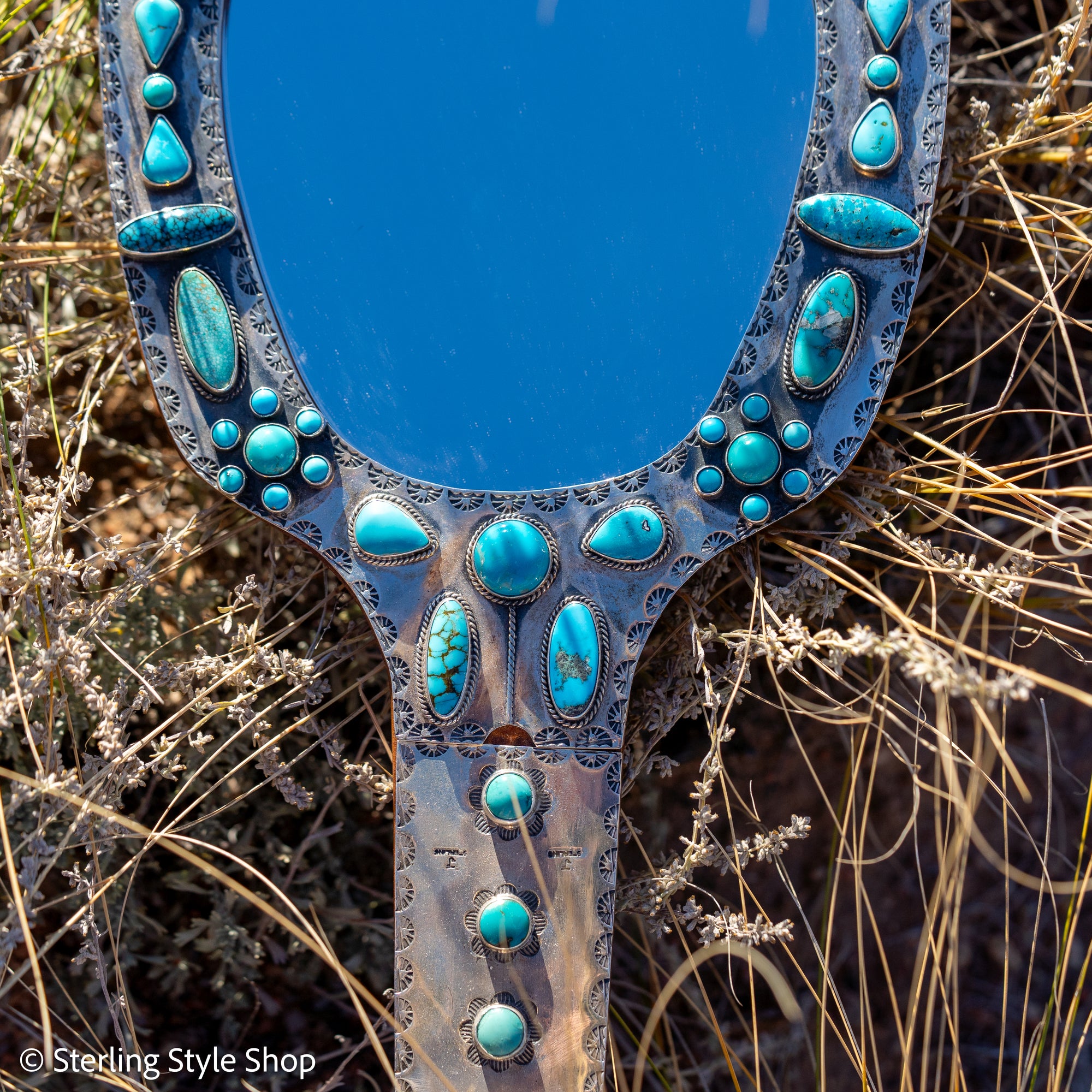 Federico Jimenez Sterling Silver Handheld Mirror — No. 8, Spiderweb &amp; Kingman Turquoise, One-of-a-Kind Masterpiece