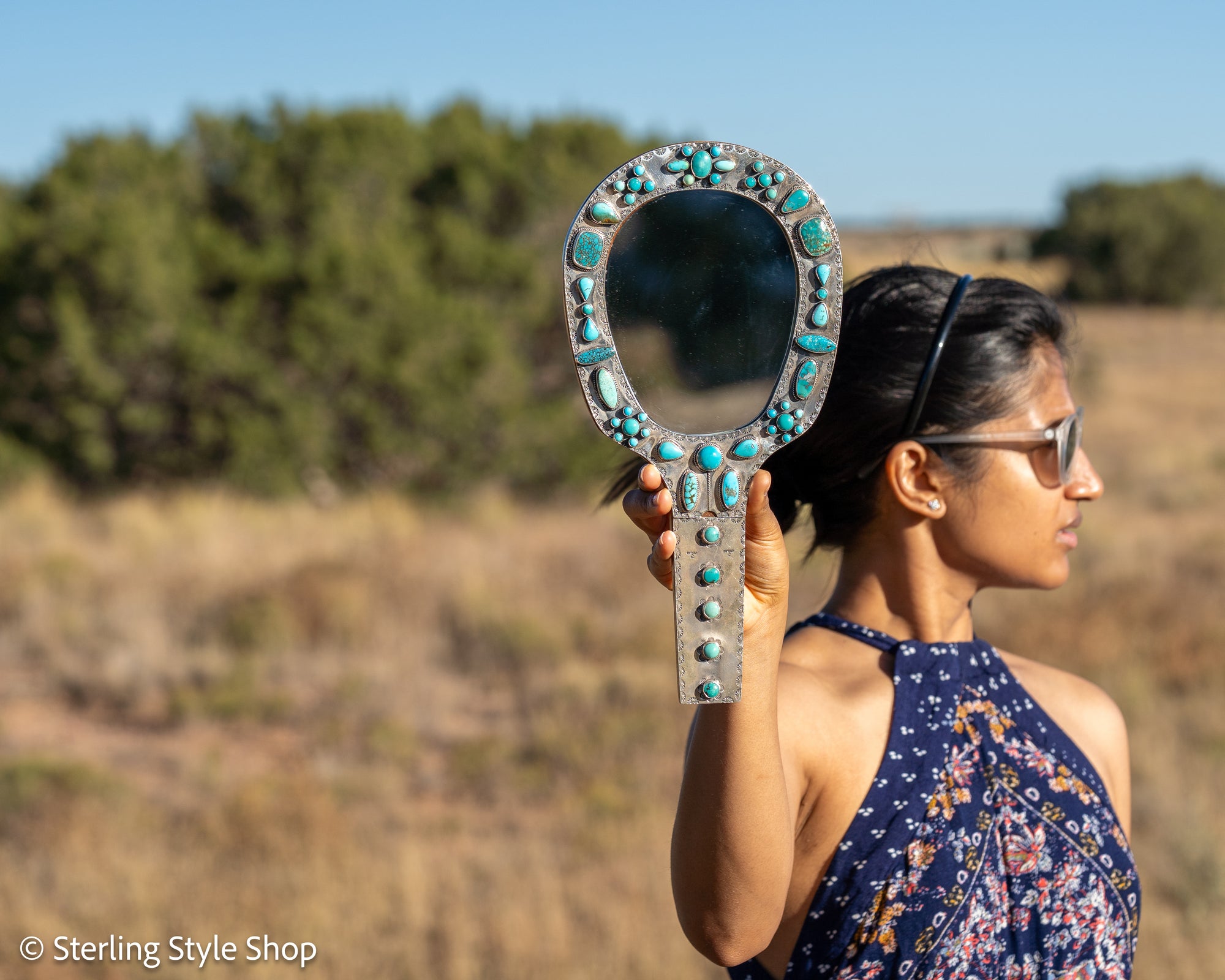 Federico Jimenez Sterling Silver Handheld Mirror — No. 8, Spiderweb &amp; Kingman Turquoise, One-of-a-Kind Masterpiece