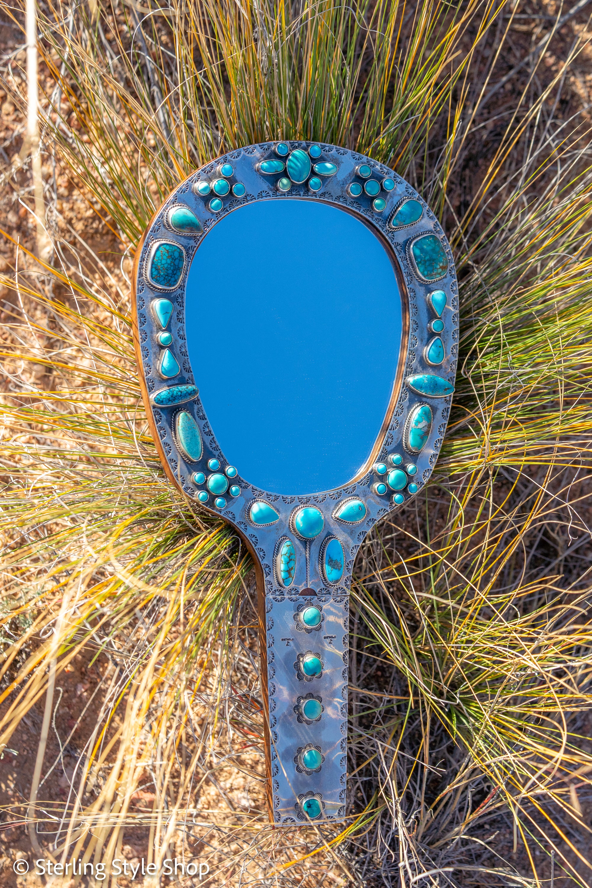 Federico Jimenez Sterling Silver Handheld Mirror — No. 8, Spiderweb &amp; Kingman Turquoise, One-of-a-Kind Masterpiece