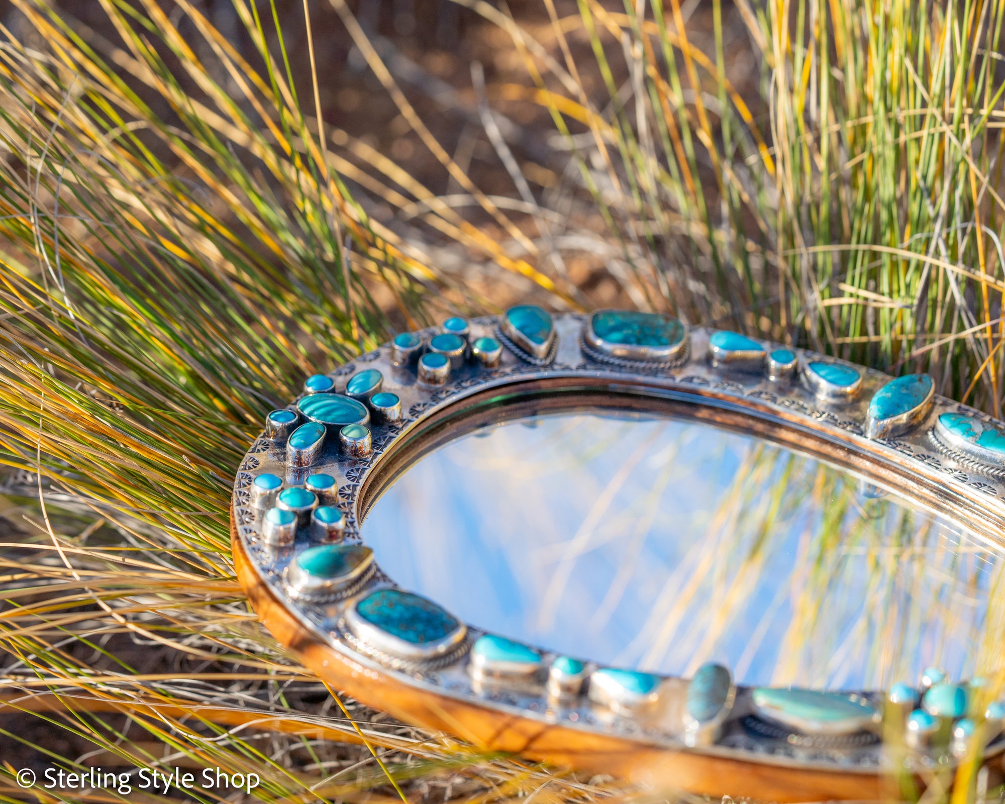 Federico Jimenez Sterling Silver Handheld Mirror — No. 8, Spiderweb &amp; Kingman Turquoise, One-of-a-Kind Masterpiece