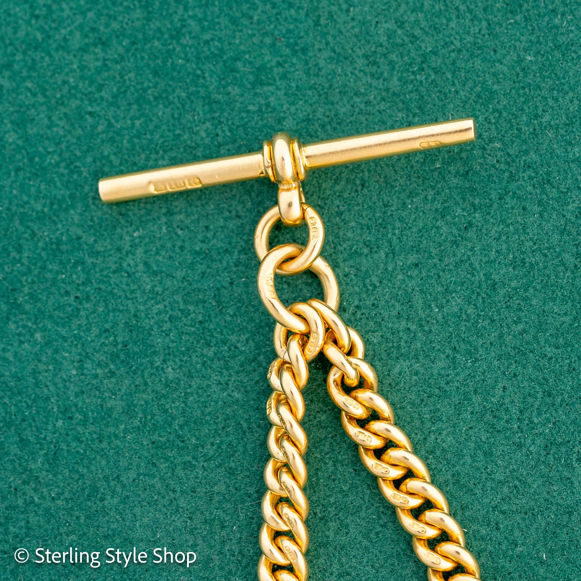 Antique 18k Gold Albert Chain Necklace | 1921 Birmingham Hallmarked Watch Chain, Heavy Curb Link, 60.1g Solid Gold T-Bar Necklace