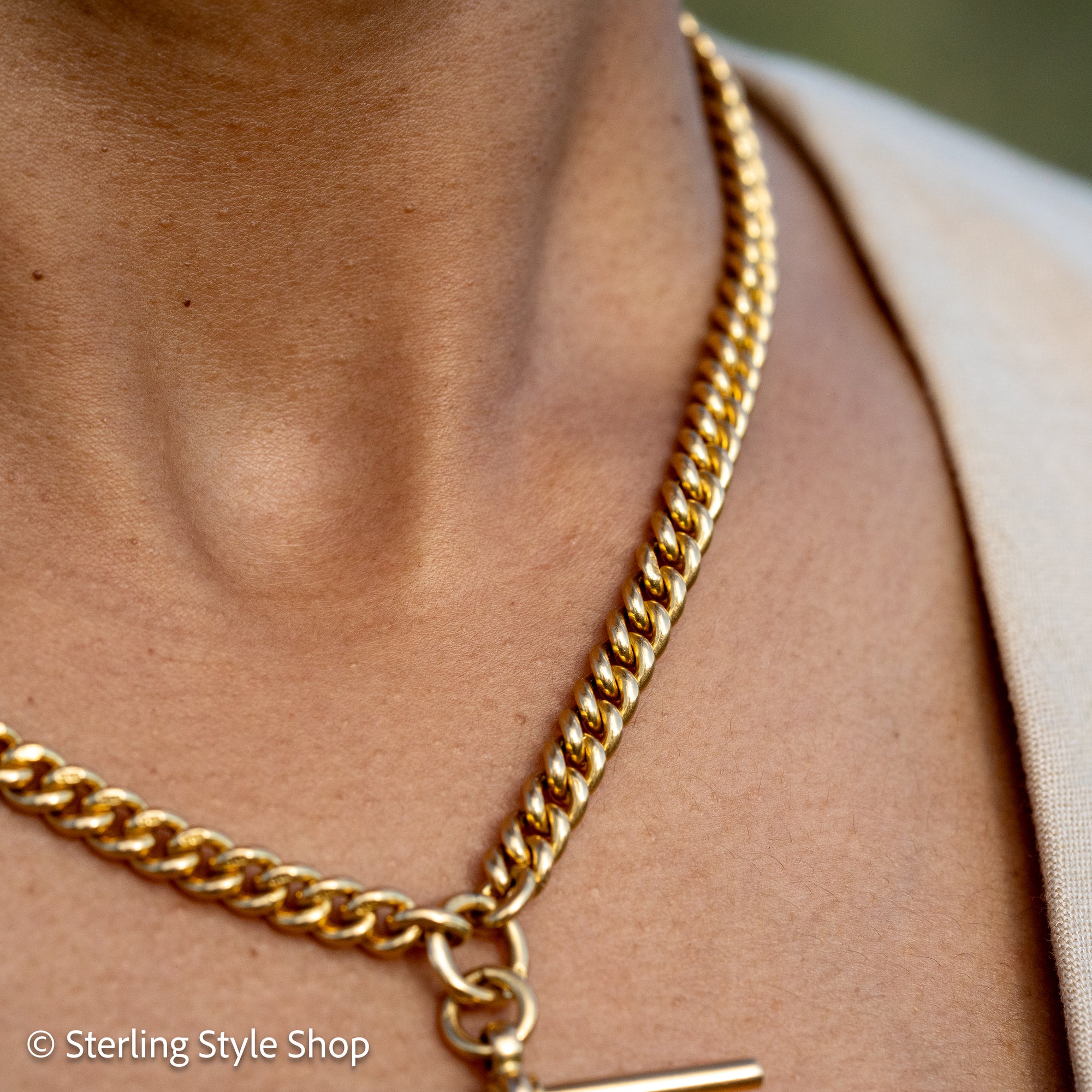 Antique 18k Gold Albert Chain Necklace | 1921 Birmingham Hallmarked Watch Chain, Heavy Curb Link, 60.1g Solid Gold T-Bar Necklace