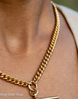 Antique 18k Gold Albert Chain Necklace | 1921 Birmingham Hallmarked Watch Chain, Heavy Curb Link, 60.1g Solid Gold T-Bar Necklace