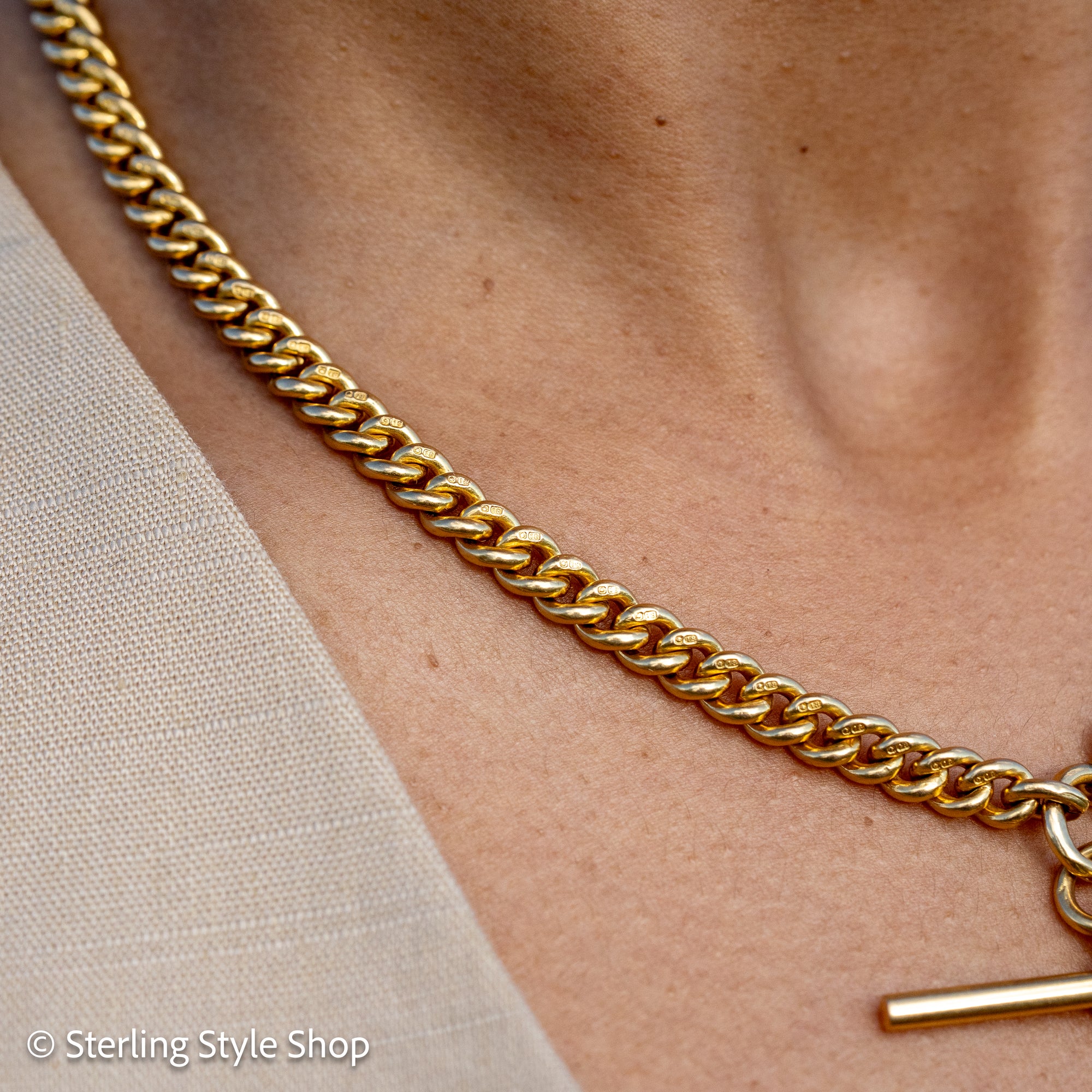 Antique 18k Gold Albert Chain Necklace | 1921 Birmingham Hallmarked Watch Chain, Heavy Curb Link, 60.1g Solid Gold T-Bar Necklace