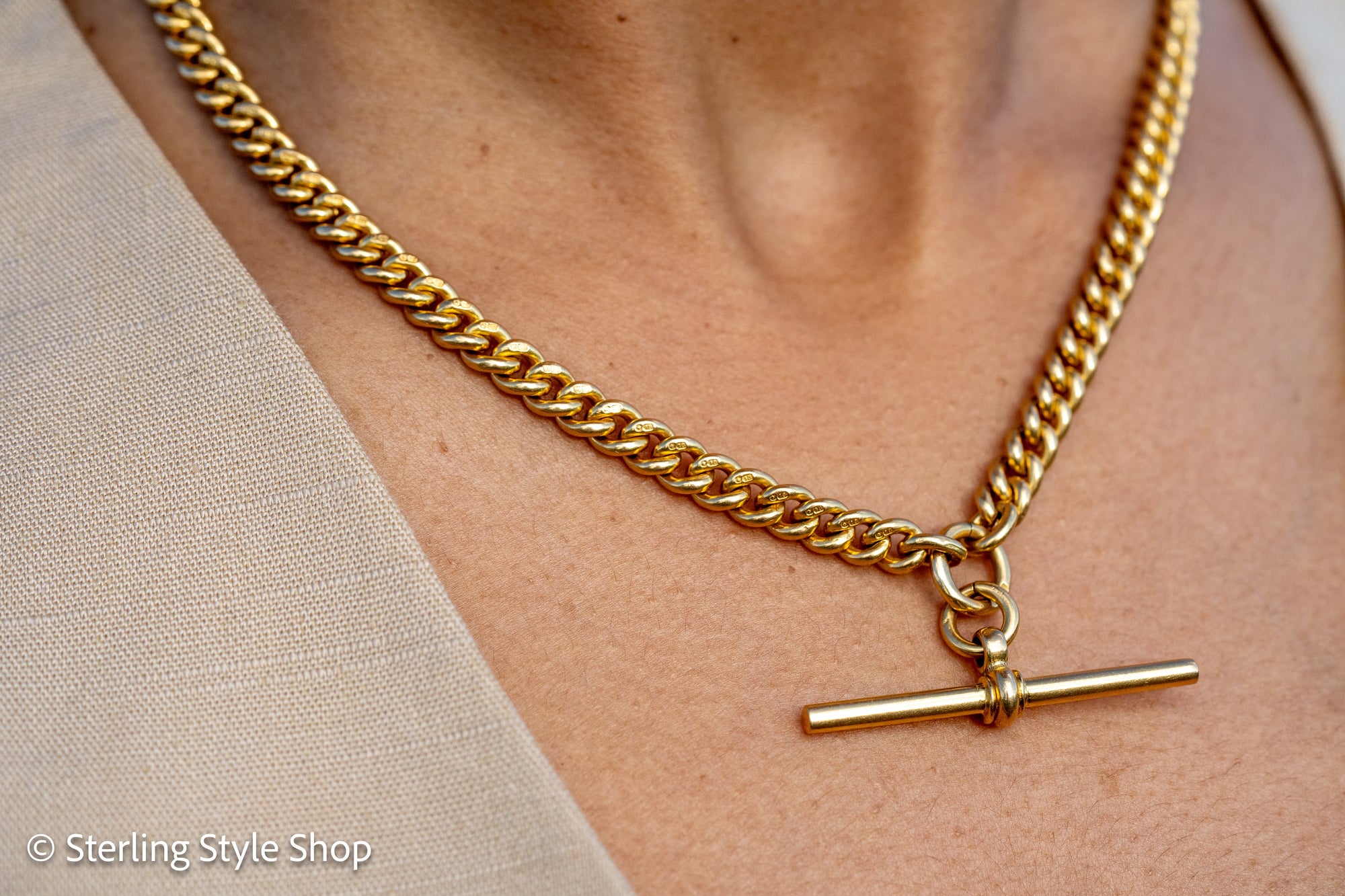 Antique 18k Gold Albert Chain Necklace | 1921 Birmingham Hallmarked Watch Chain, Heavy Curb Link, 60.1g Solid Gold T-Bar Necklace