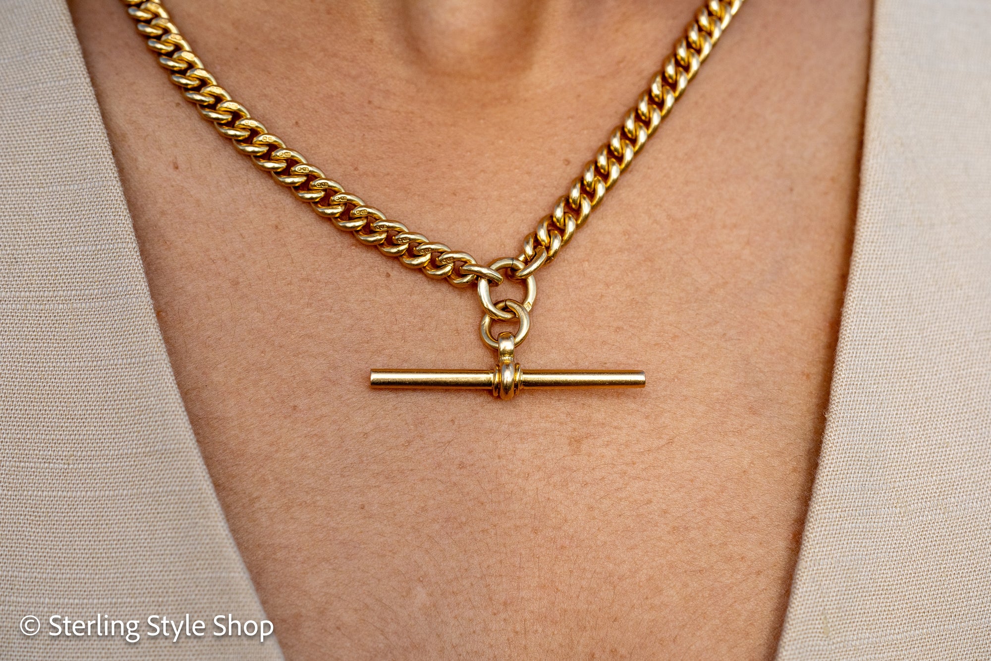 Antique 18k Gold Albert Chain Necklace | 1921 Birmingham Hallmarked Watch Chain, Heavy Curb Link, 60.1g Solid Gold T-Bar Necklace