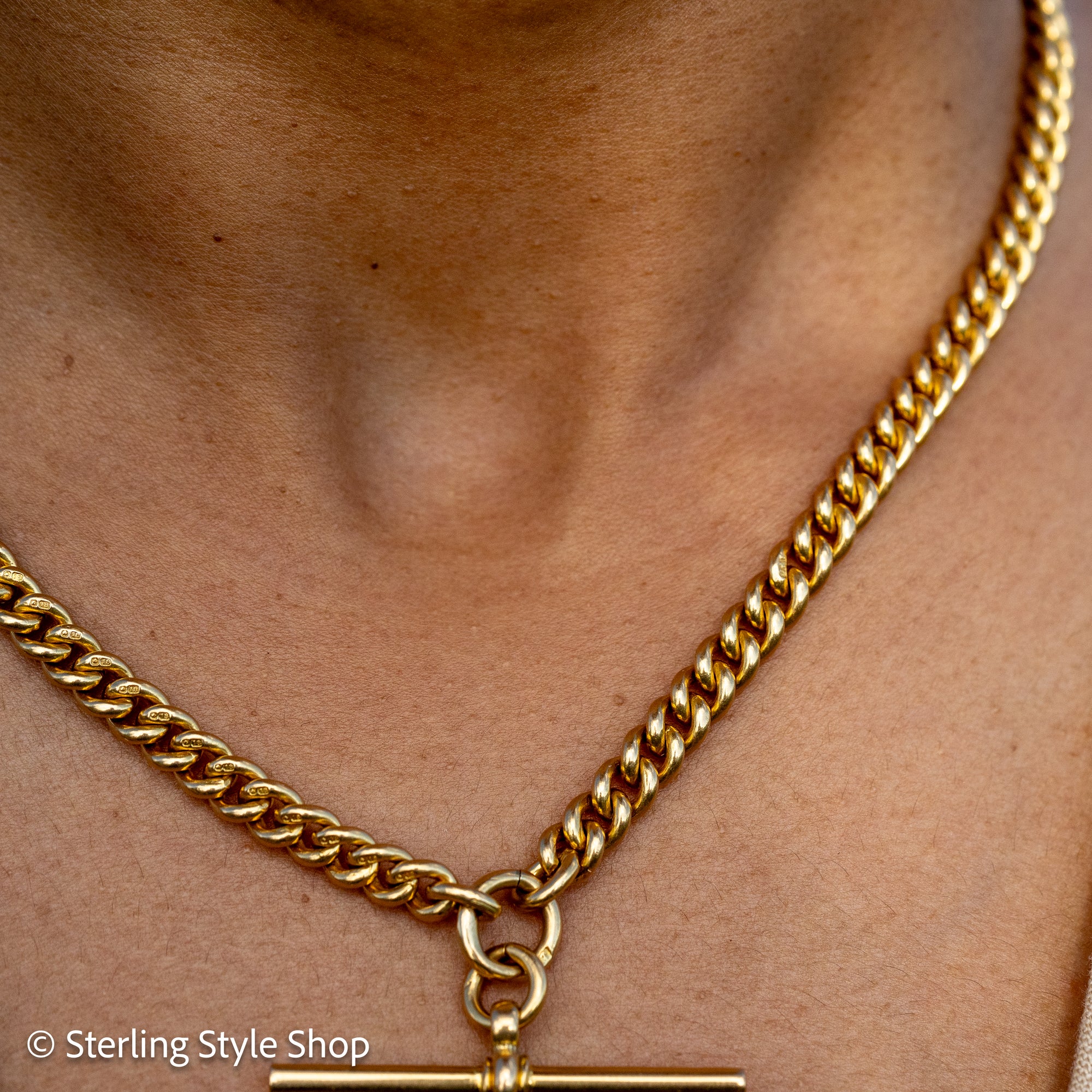 Antique 18k Gold Albert Chain Necklace | 1921 Birmingham Hallmarked Watch Chain, Heavy Curb Link, 60.1g Solid Gold T-Bar Necklace