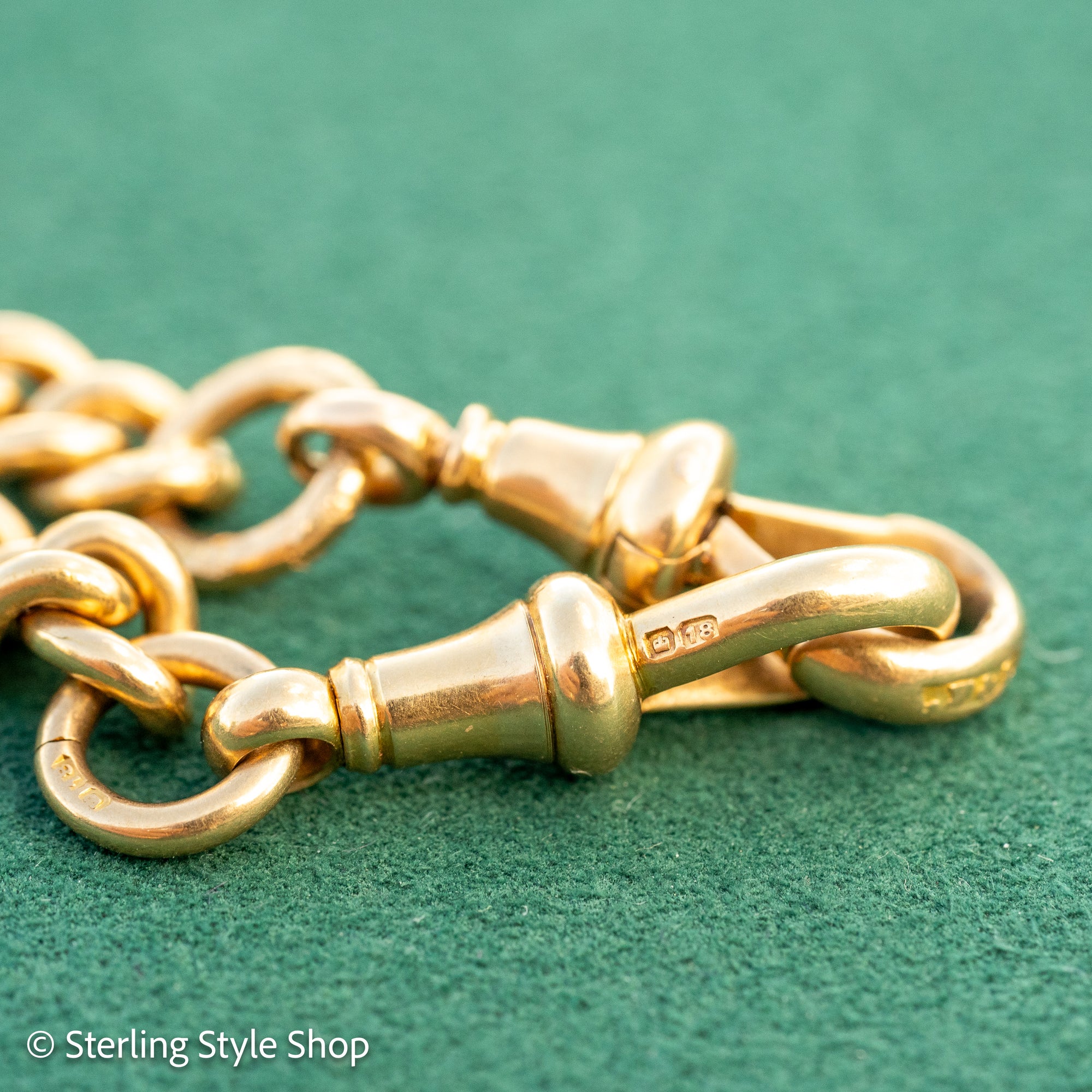 Antique 1925 18kt Gold Curb Link Watch Chain Necklace | Chester Hallmarked T-Bar &amp; Dog Clips | Heavy Solid Gold Chain