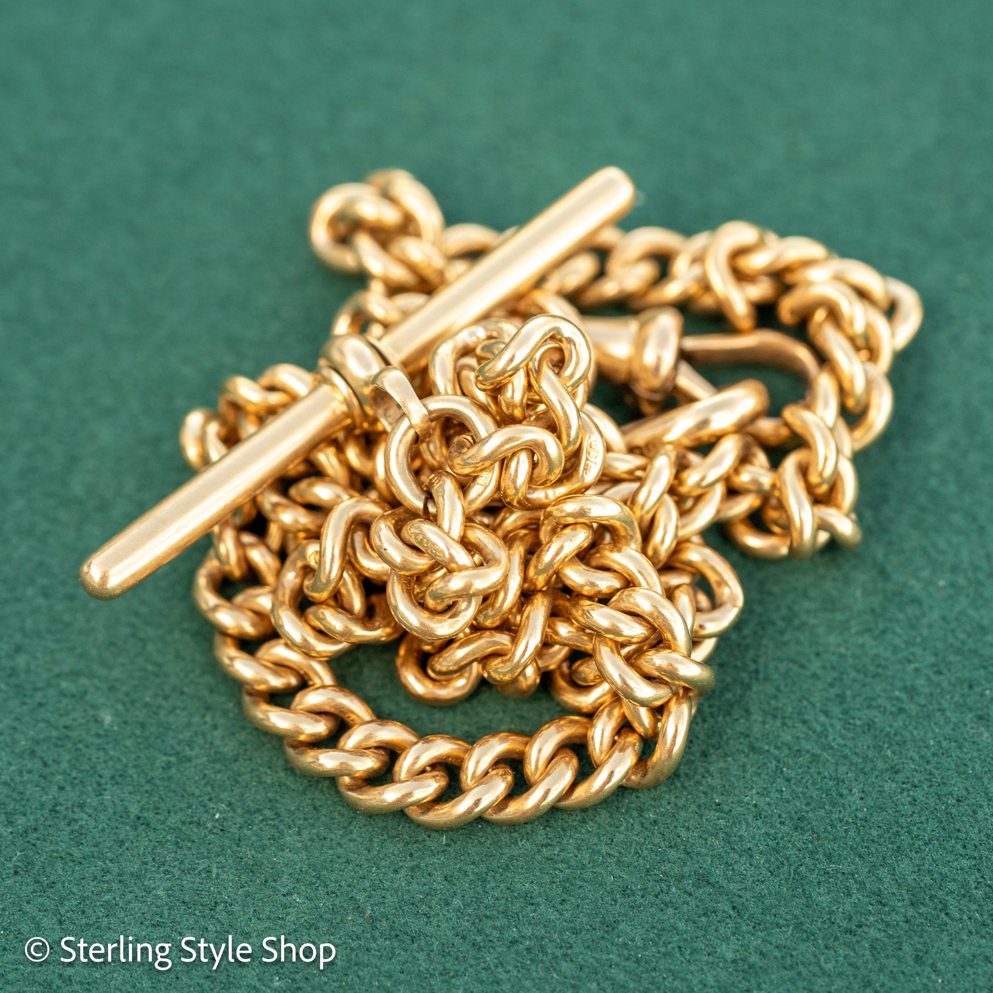 Antique 1925 18kt Gold Curb Link Watch Chain Necklace | Chester Hallmarked T-Bar &amp; Dog Clips | Heavy Solid Gold Chain