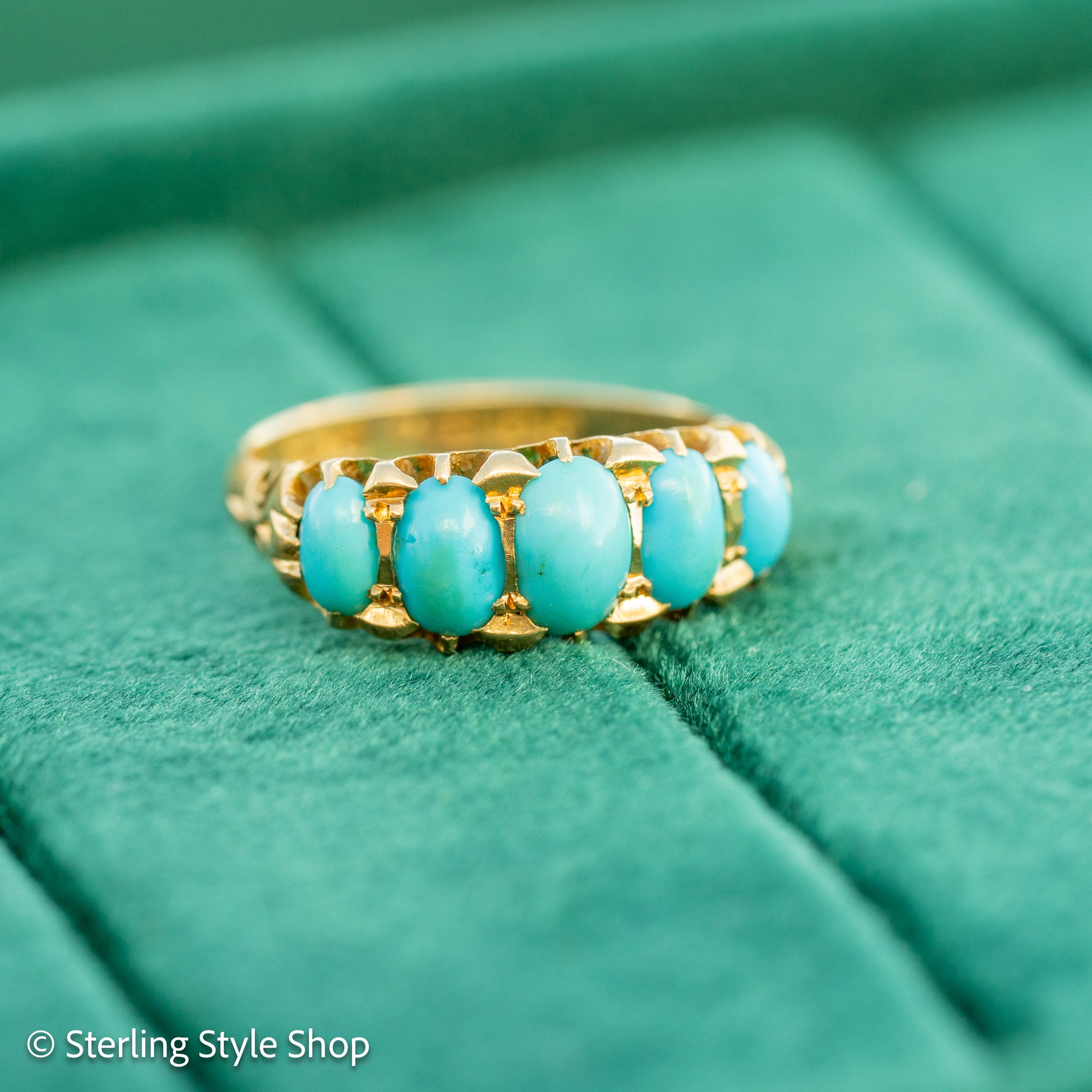 Antique 1913 18ct Gold Turquoise 5 Stone Ring | Edwardian Birmingham Hallmarked | H.W.L Maker