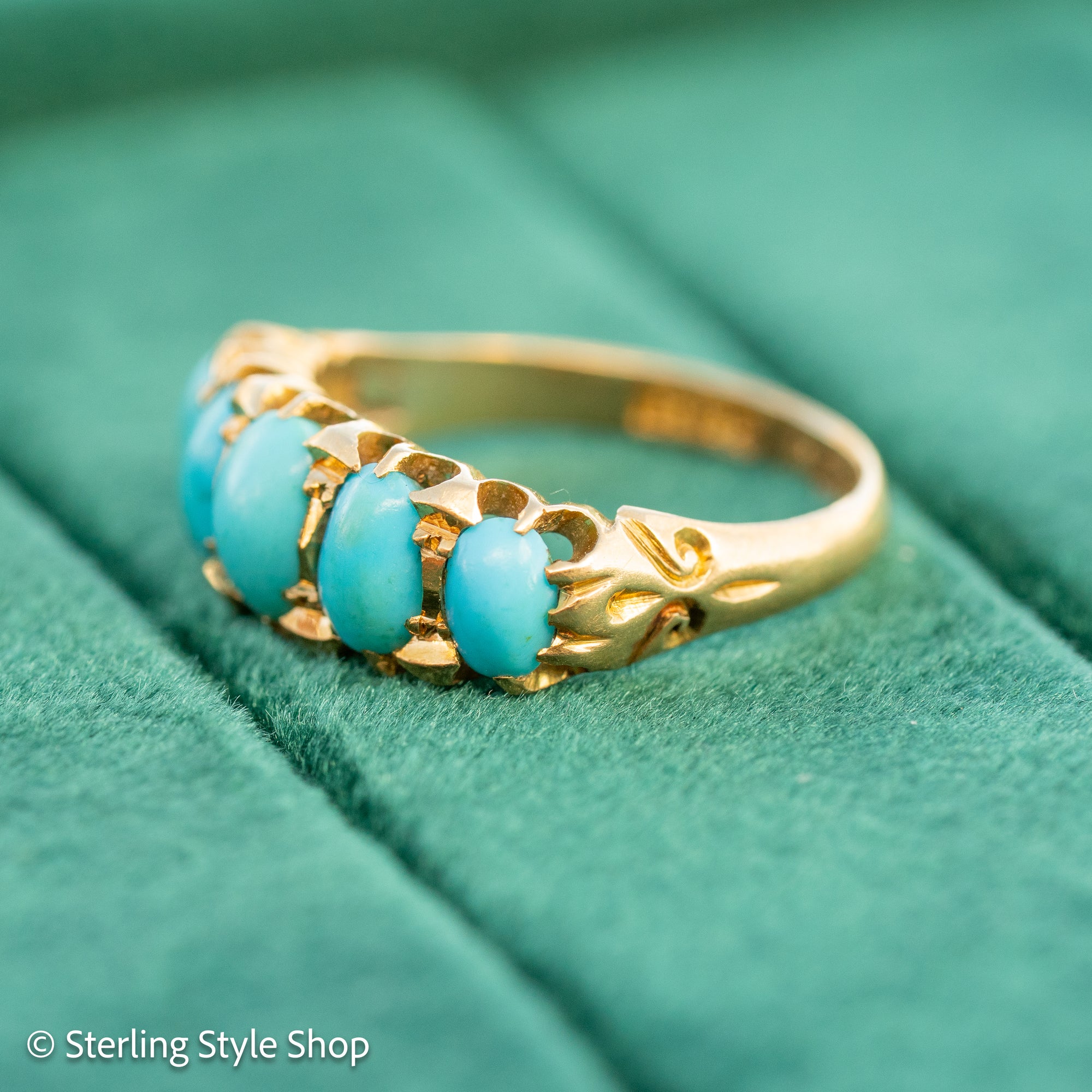 Antique 1913 18ct Gold Turquoise 5 Stone Ring | Edwardian Birmingham Hallmarked | H.W.L Maker